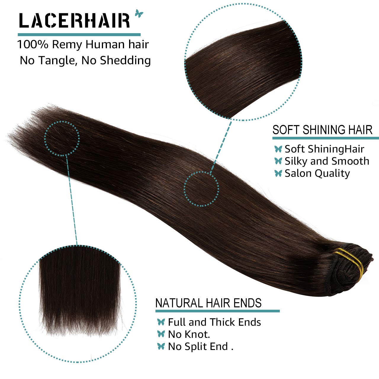 Lacer Clip In Human Hair Extensions, 22 Inch 140G Light Dark Brown Clip In Hair Extensions Real Human Hair Double Weft Natural S