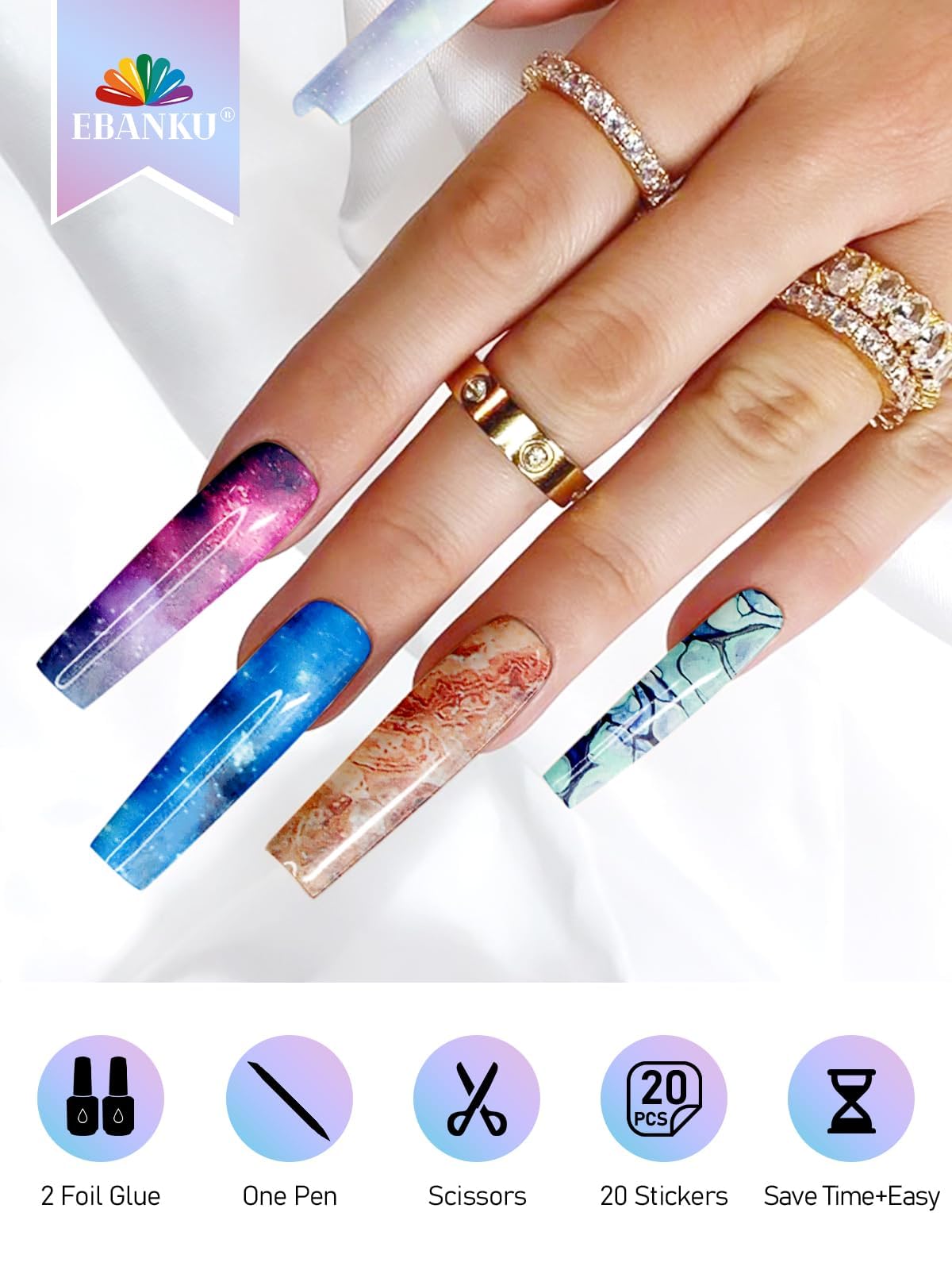 EBANKU Nail Foil Glue Gel, 20 Pcs Nail Art Foil with 30ML Nail Glue, Starry Sky Flower Stickers Transfer Foils Gels Polish Set f
