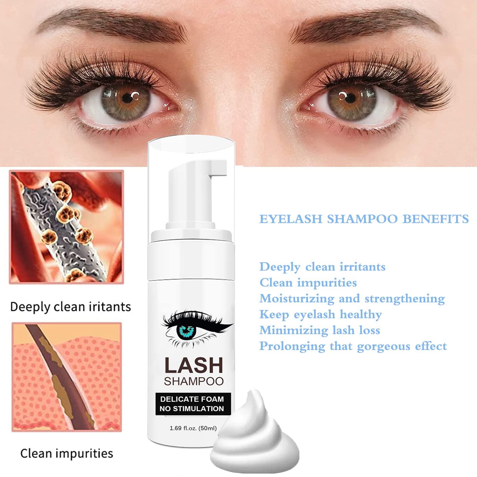 Shmian Lash Shampoo For Lash Extensions, Lash Fan 50Ml Eyelash Foam Cleanser With 50 Pcs Eyelash Brush And Rinse Bottle Oil Free