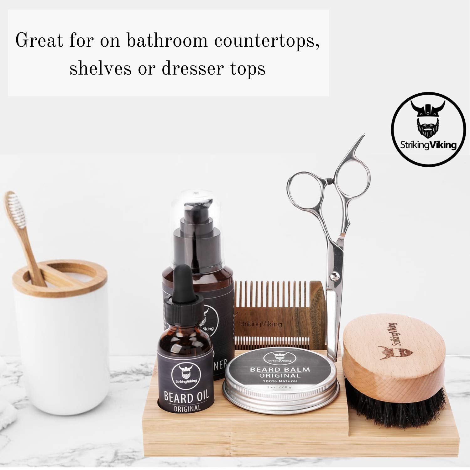 Striking Viking Beard Caddy - Countertop Bathroom Organizer for Beard Oil, Balm, Wash, Comb, Brush & Scissors (1pc)