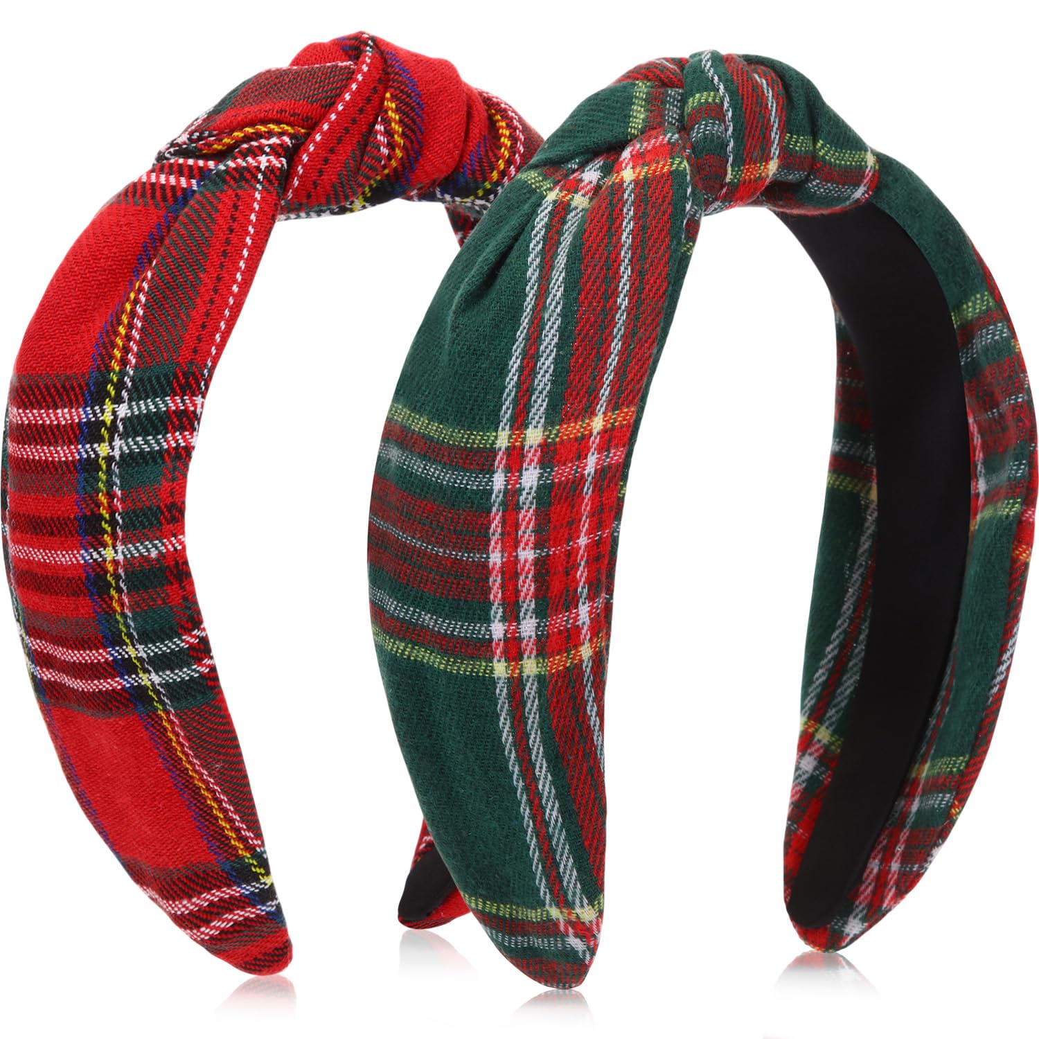 Yilloog 2pcs Christmas Headbands for Women Knotted Buffalo Plaid Hairband Fashionable Wide Top Knot Hair Bands Hair Accessories 