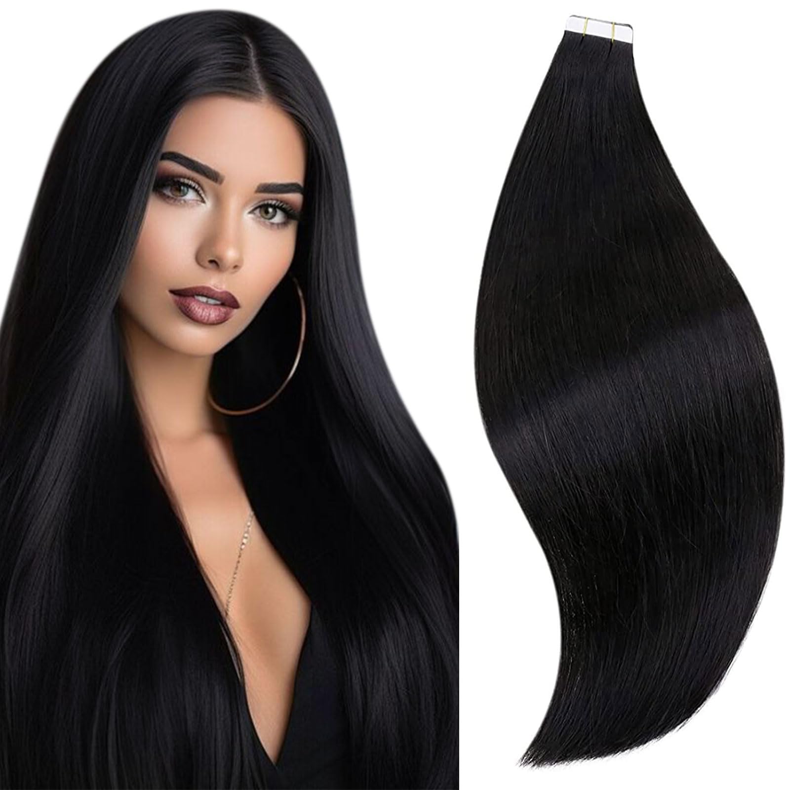 Runature Black Tape In Hair Extensions Human Hair 22 Inch Long Remy Hair Tape In Extensions Silky Straight Adhesive Tape Hair Ex