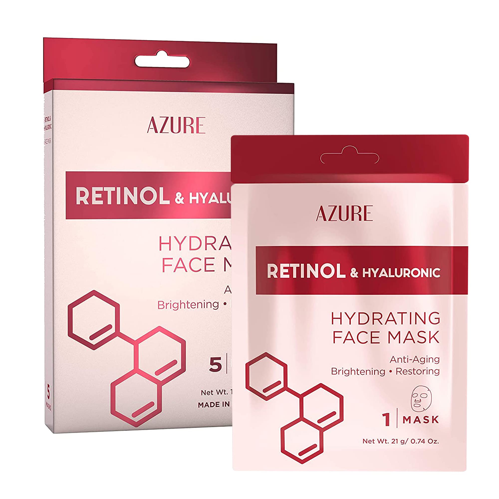 AZURE Retinol & Hyaluronic Acid Anti Aging Facial Sheet Mask - Rejuvenating & Hydrating Face Mask - Helps Reduce Fine Lines & Wr