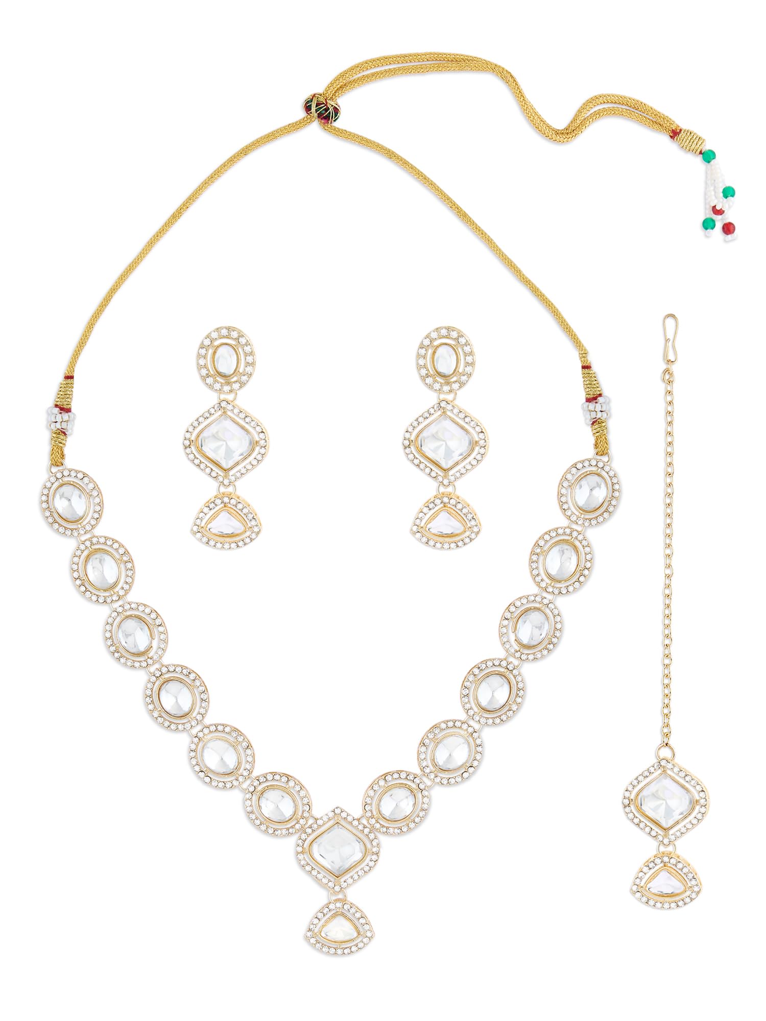 Zaveri Pearls Gold Tone Dazzling Stones Embellished Necklace Earring & Maangtikka Set For WomenZpfk17564