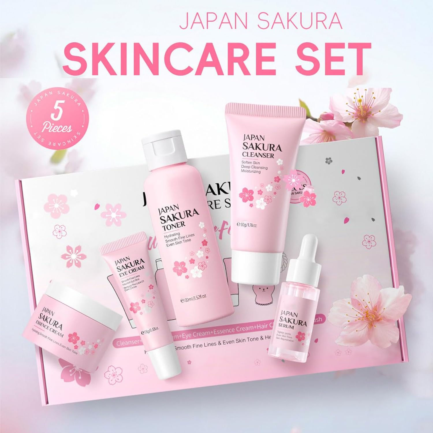 Skin Care Sets for Teenage Girls JAPAN SAKURA Women Beauty Gift Sets Skincare Kit with Cleanser, Toner, Serum, Eye Cream, Face C