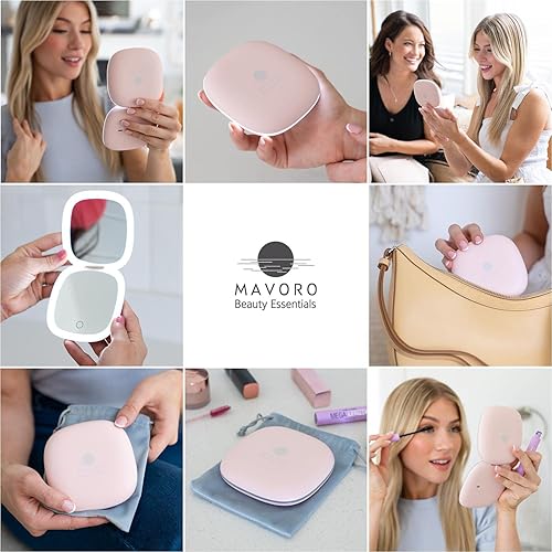 Mavoro LED Lighted Travel Makeup Mirror, Rechargeable, 1x/10x Magnification - Daylight LED, Pocket or Purse Mirror, Small Travel