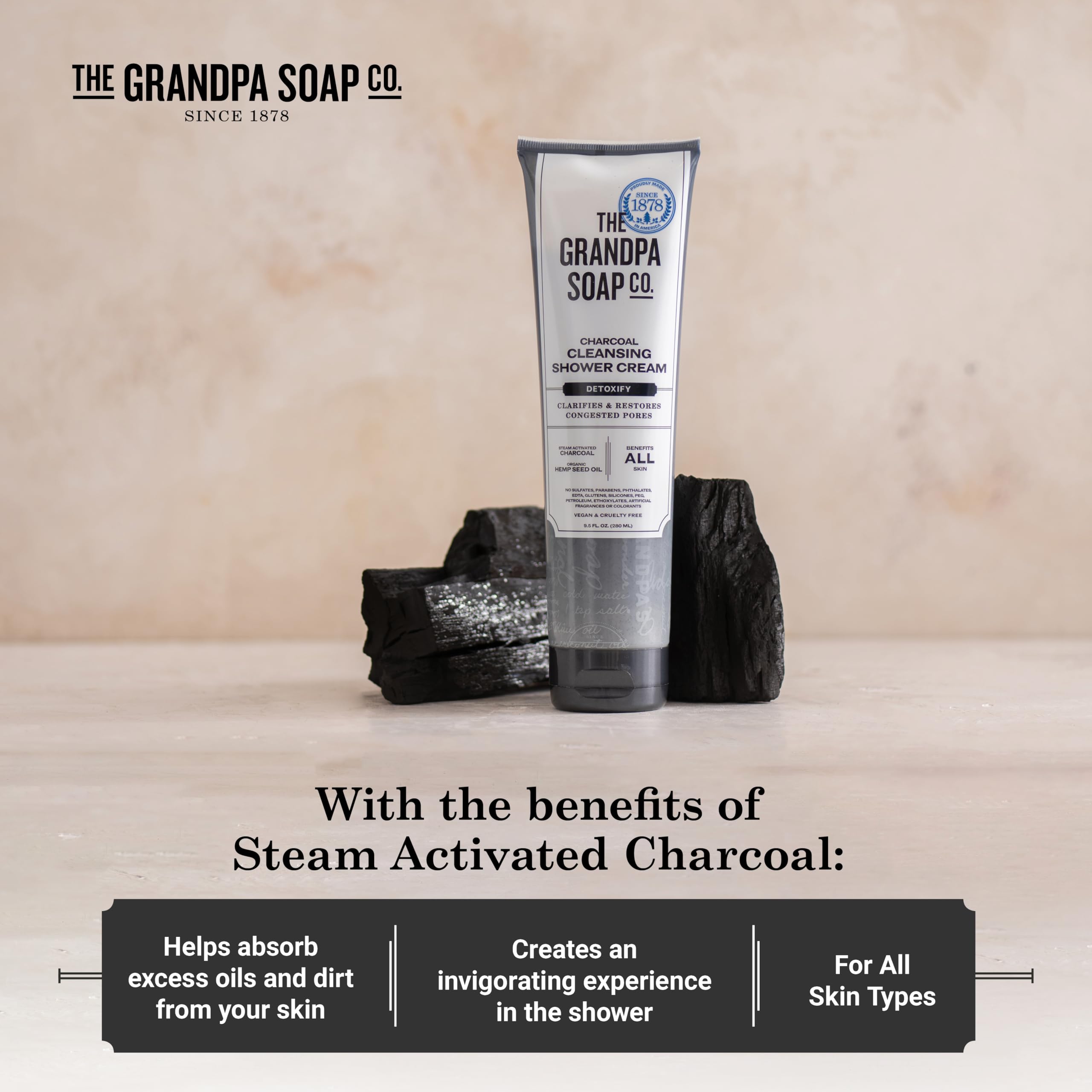 The Grandpa Soap Company Charcoal Cleansing Shower Cream - Clarifies & Restores Congested Pores, With Activated Charcoal & Hemp