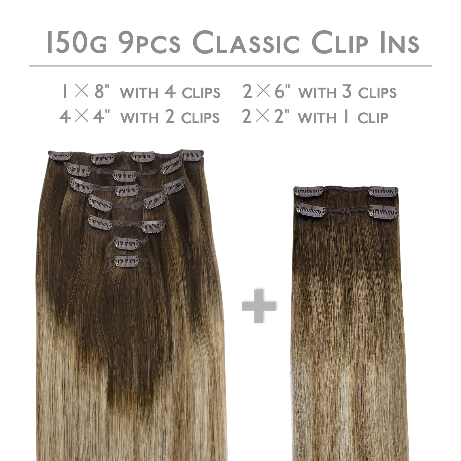 Wennalife Clip In Hair Extensions, 150G 20 Inch 9Pcs Ombre Walnut Brown To Ash Brown And Bleach Blonde Human Hair Extensions Thi