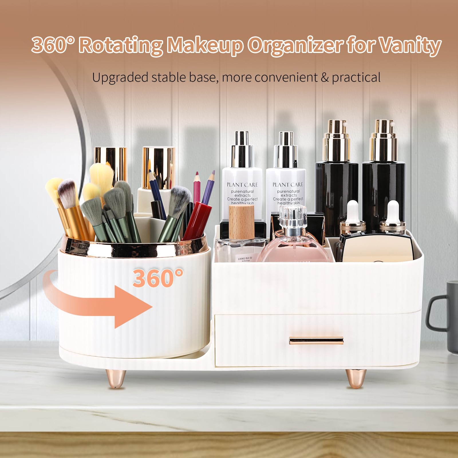 Beborxue 360 Rotating Makeup Organizer For Vanity With Drawers, Large Capacity Cosmetic Display Case, Skincare Organizer, Cosmet