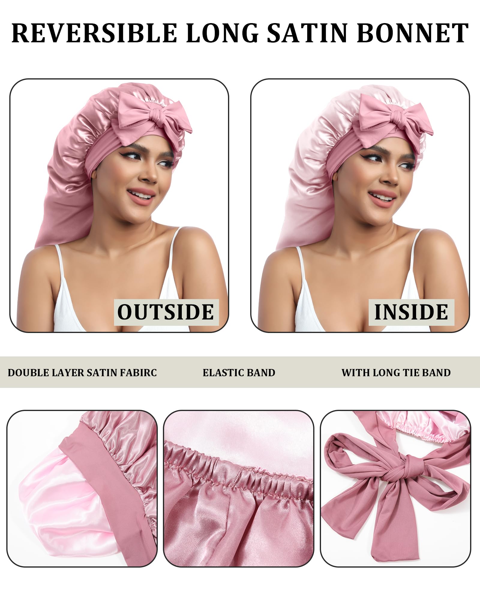 Awaytr Long Satin Bonnet For Sleeping - Double Layer Reversible Silk Bonnet For Long Hair Women Sleeping Cap With Tie Band (Rose