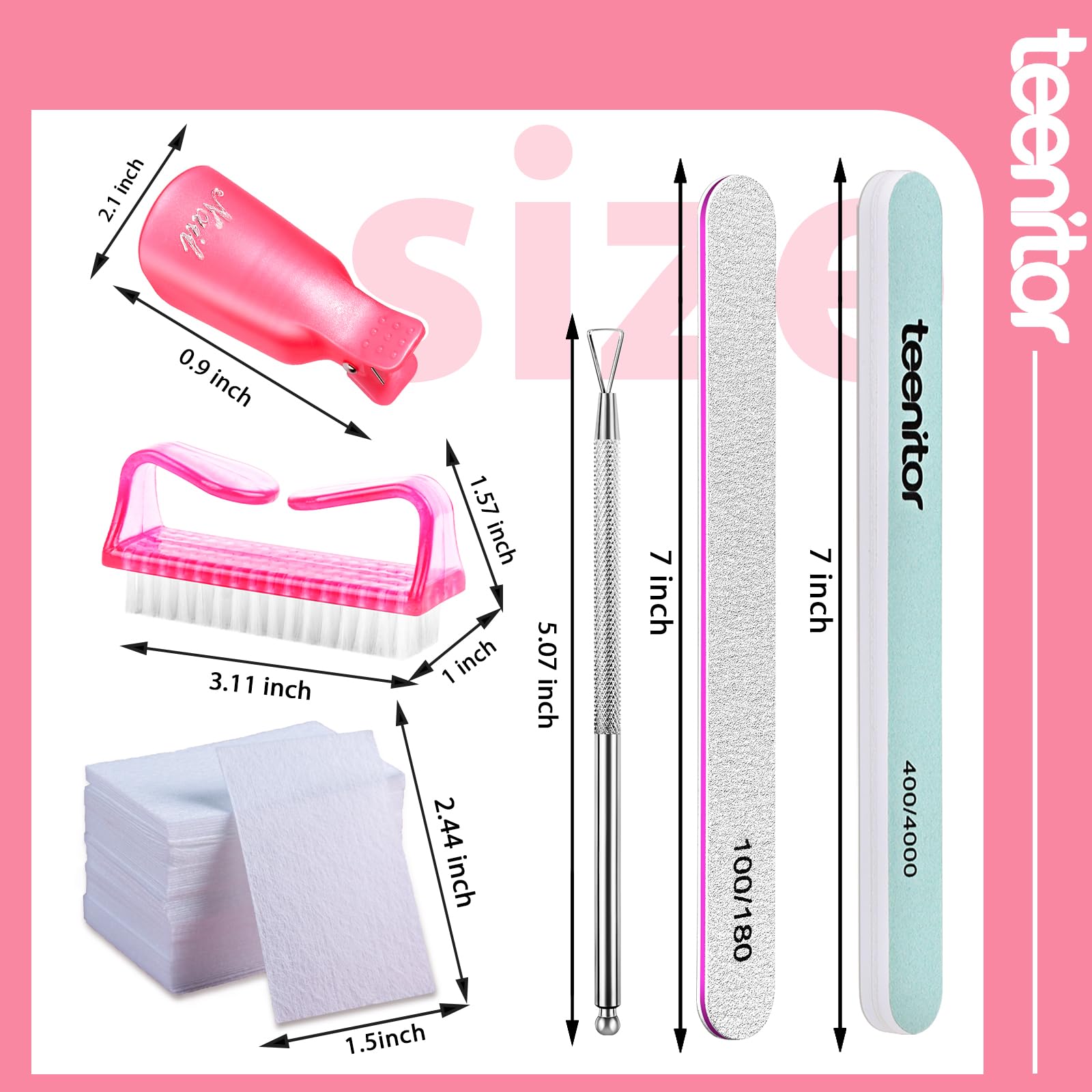 Teenitor Nail Gel Remover Tools Kit With Pink Polish Remover Clips, Cuticle Peeler Scraper, Gel Nail Brush, 115 Pack Nail Wipe C
