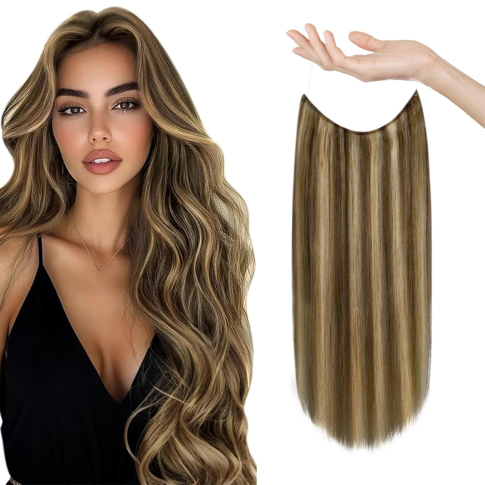 Sunny Wire Hair Extensions Real Human Hair Fish Line Human Hair Extensions Invisible Wire Extensions Dark Brown Highlight Carame