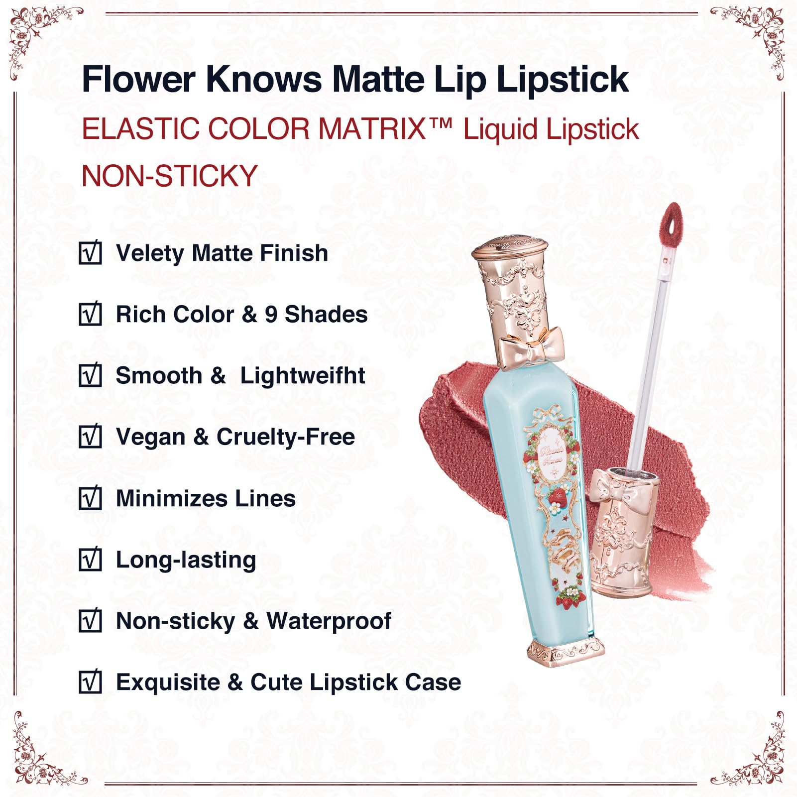 Flower Knows Strawberry Rococo Cloud Lip Cream Matte Liquid Lipstick-Long Lasting&Highly Pigmented Lip Stain -Velvety Waterproof