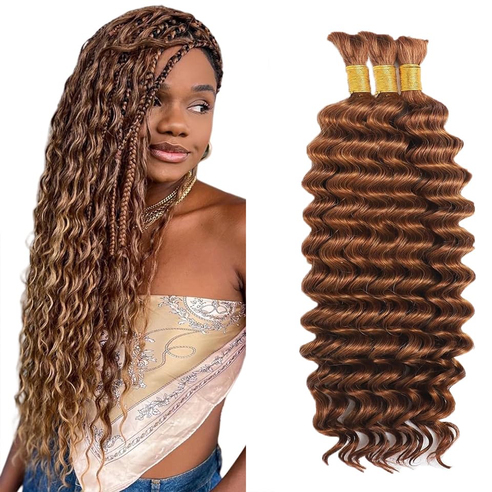 #30 Brown Human Braiding Hair Deep Water Bulk 28 28 28 Inch Human Hair Weave 3 Bundle Unprocessed Brazilian Virgin Hair Light Br