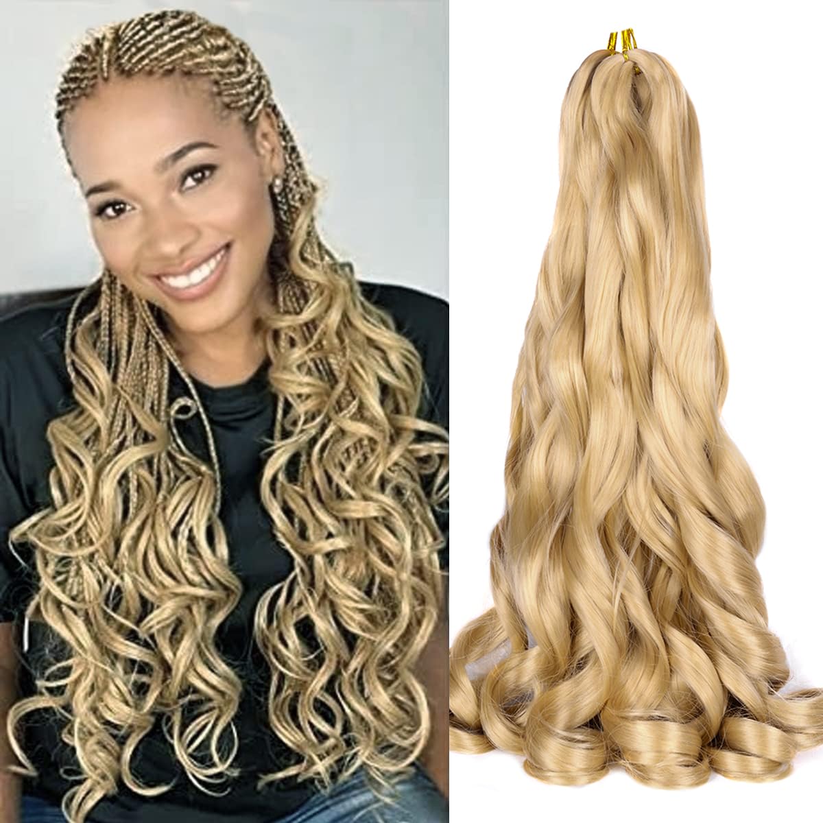 French Curl Braiding Hair 24 Inch Loose Wavy 8Pack Bouncy Curly Braiding Hair Extensions 75g/Pack #24 Blonde French Curl Synthet