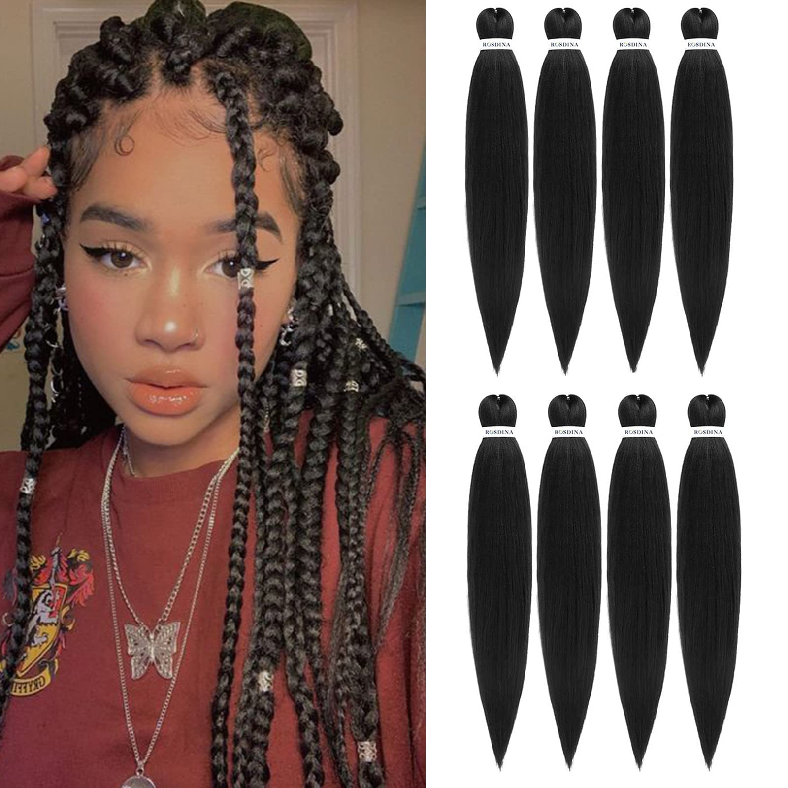 Rosdina Pre-Stretched Braiding Hair - 24 Inch 8 Packs Natural Black Long Braiding Hair For Twist Or Box Braids, Yaki Texture Hot