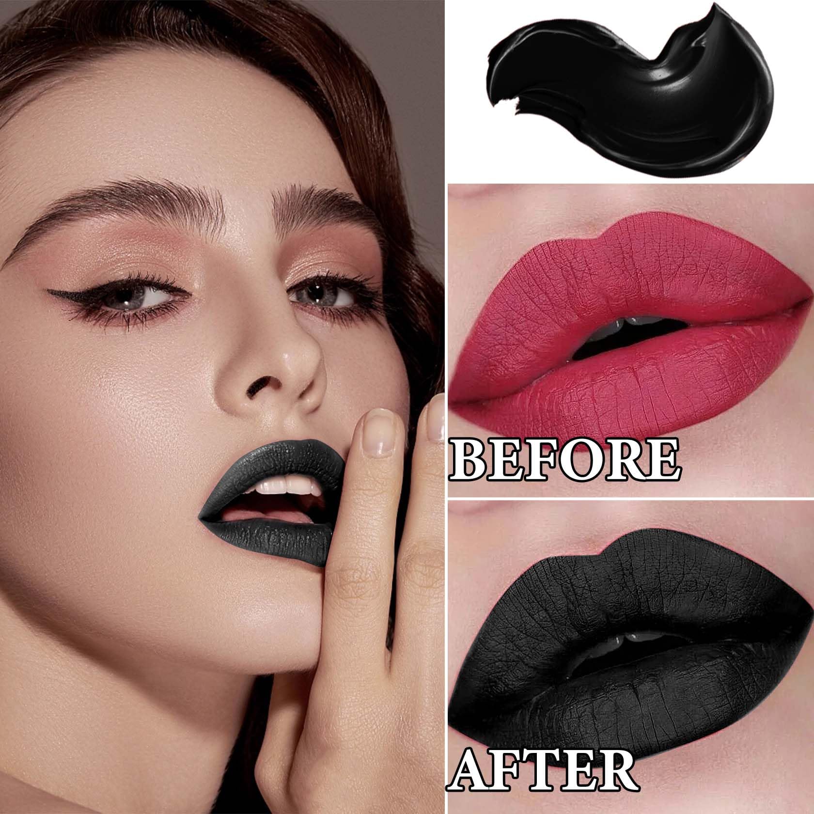 Black Matte Lipstick,2 Pcs Black Matte Lip Liner And Liquid Lipstick Set,Waterproof Long Lasting Lip Gloss Stain,Matte Liquid Li