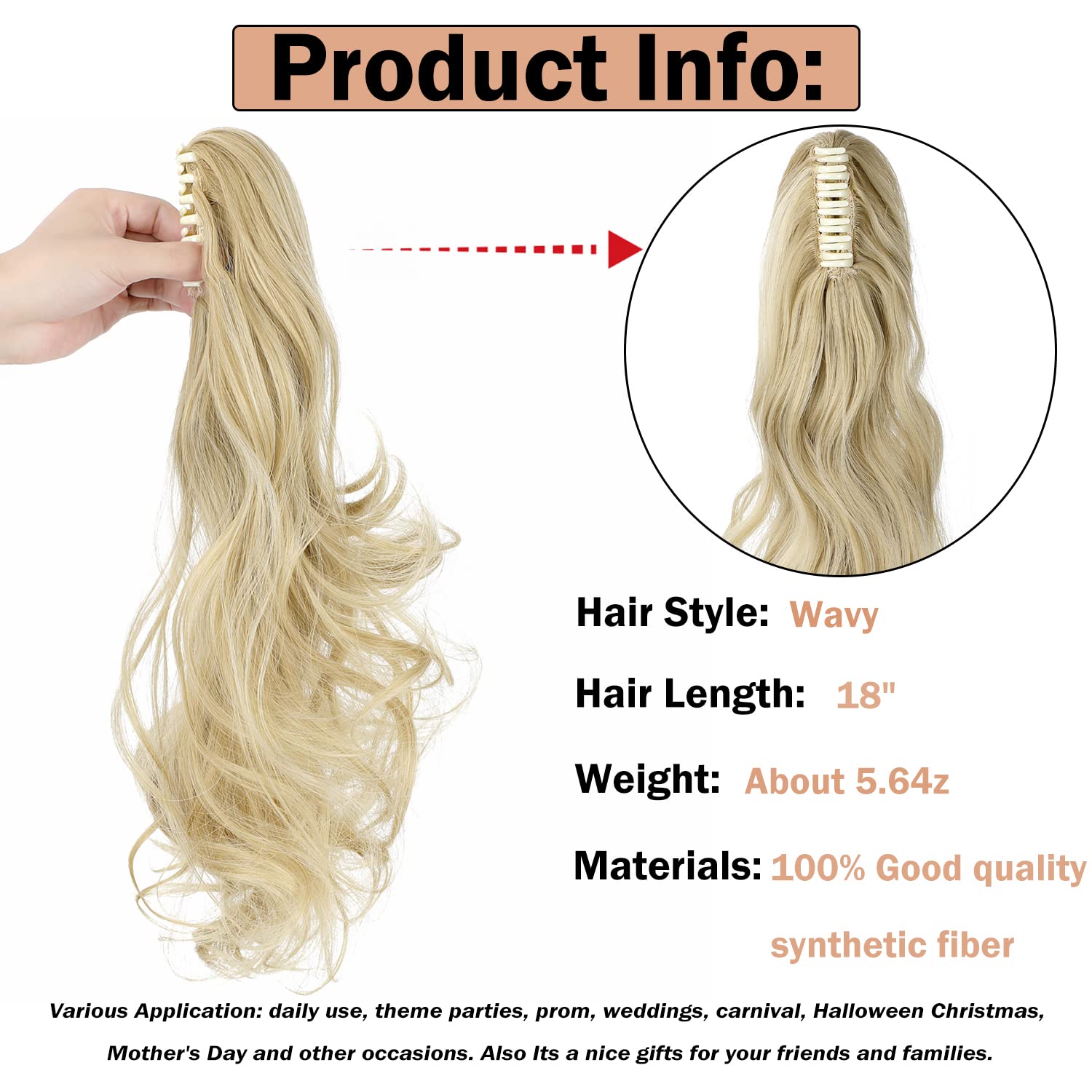 Mitrygreen Claw Clip Ponytail Extension 18'' Clip In Wavy Ponytail Hair Extensions Long Pony Tails For Women Extensions Light Bl