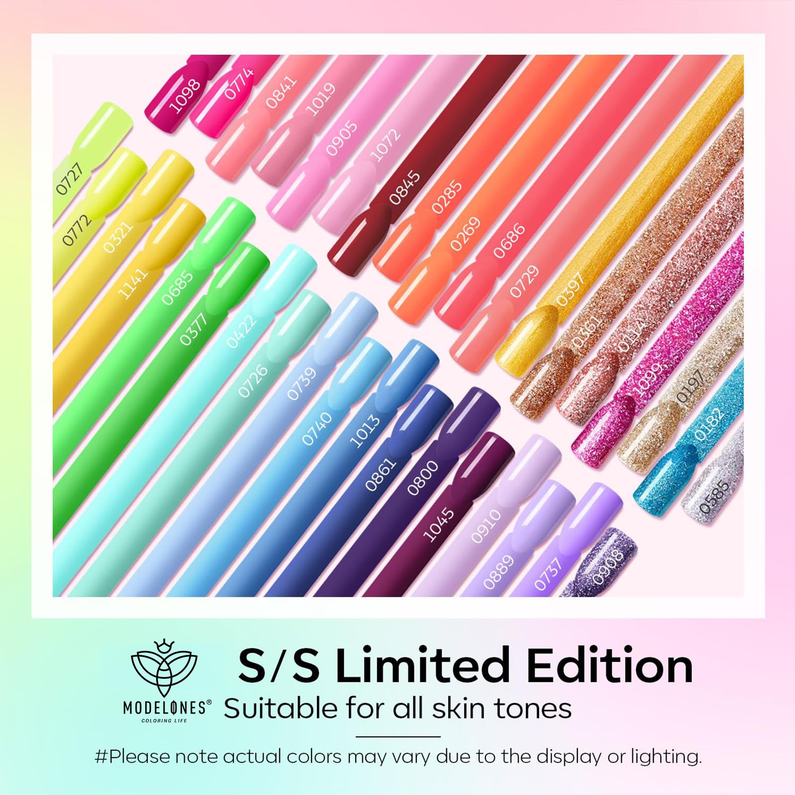 Modelones 40 Pcs Gel Nail Polish Set, Summer Rainbow Neon Gel Polish Bright Hot Pink Green Yellow Purple Blue Glitter Nail Gel P