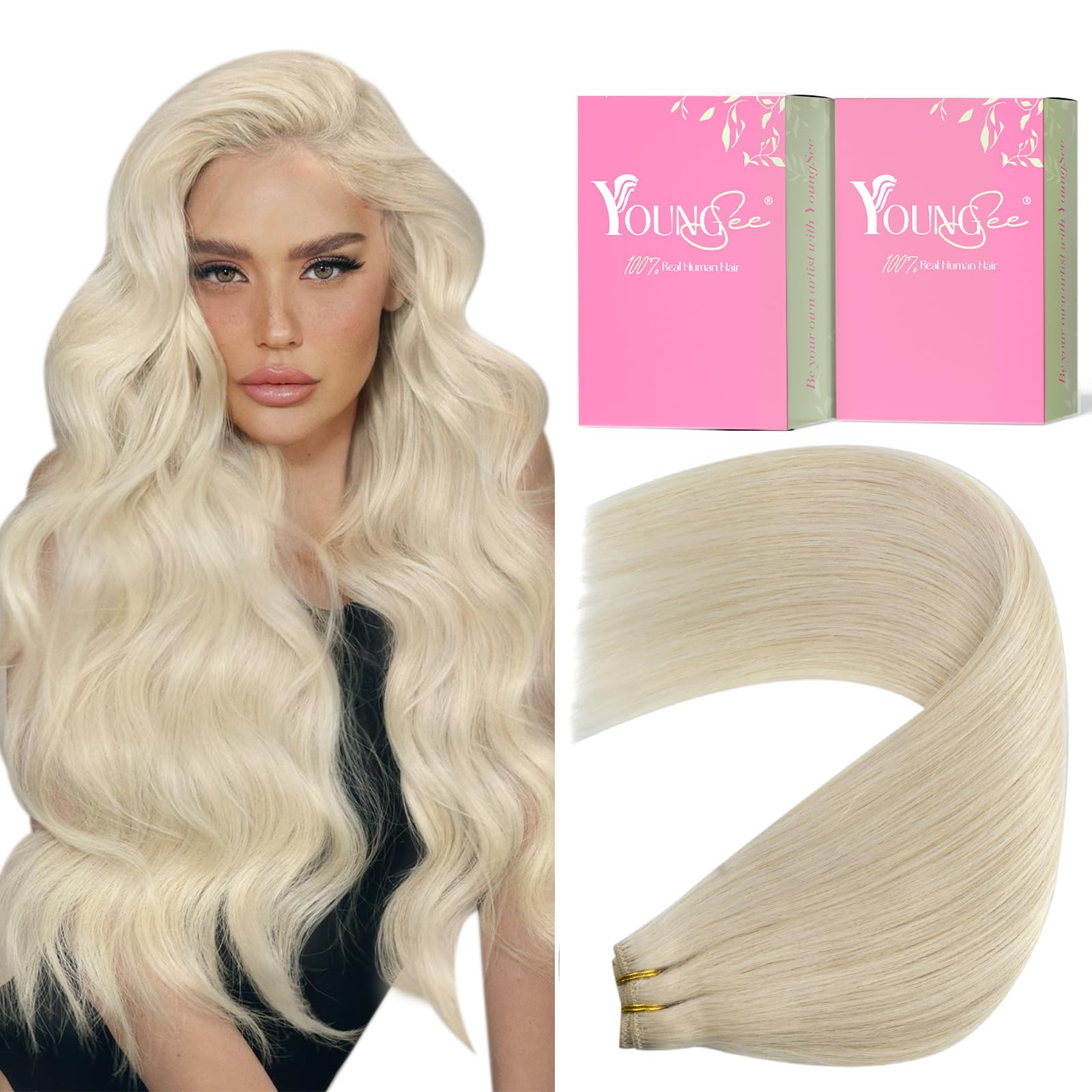 YoungSee Hand Tied Hair Extensions Platinum Blonde Hair Weaves Blonde Hair Weaves Hand Tied Weft Extensions Double Weft Hair Ext