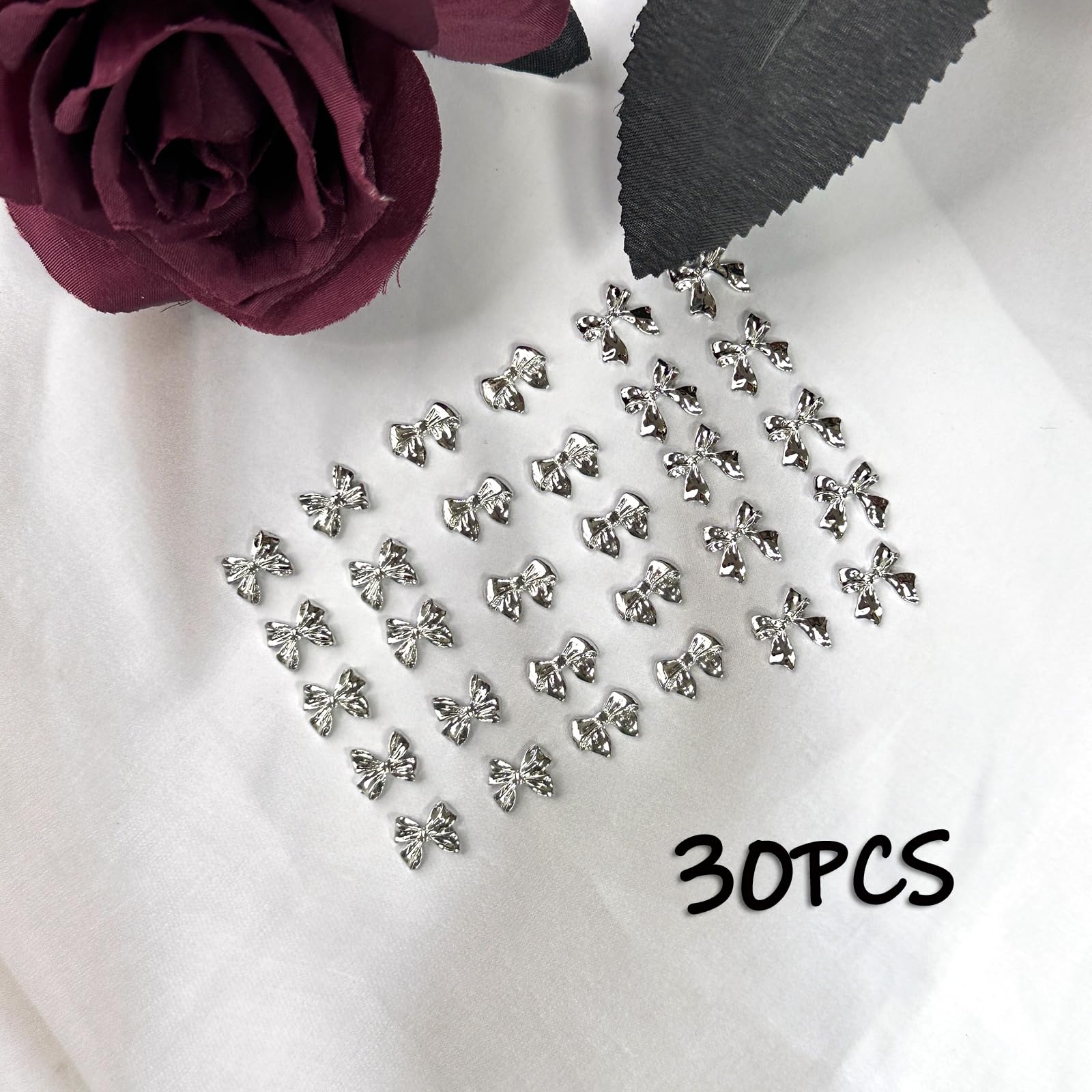 30Pcs Silver Bow Nail Charms Cute 3D Bow Alloy Nail Art Charms Kawaii Long Ribbon Bowknot Nail Designs Accessories Y2K Silver Bi
