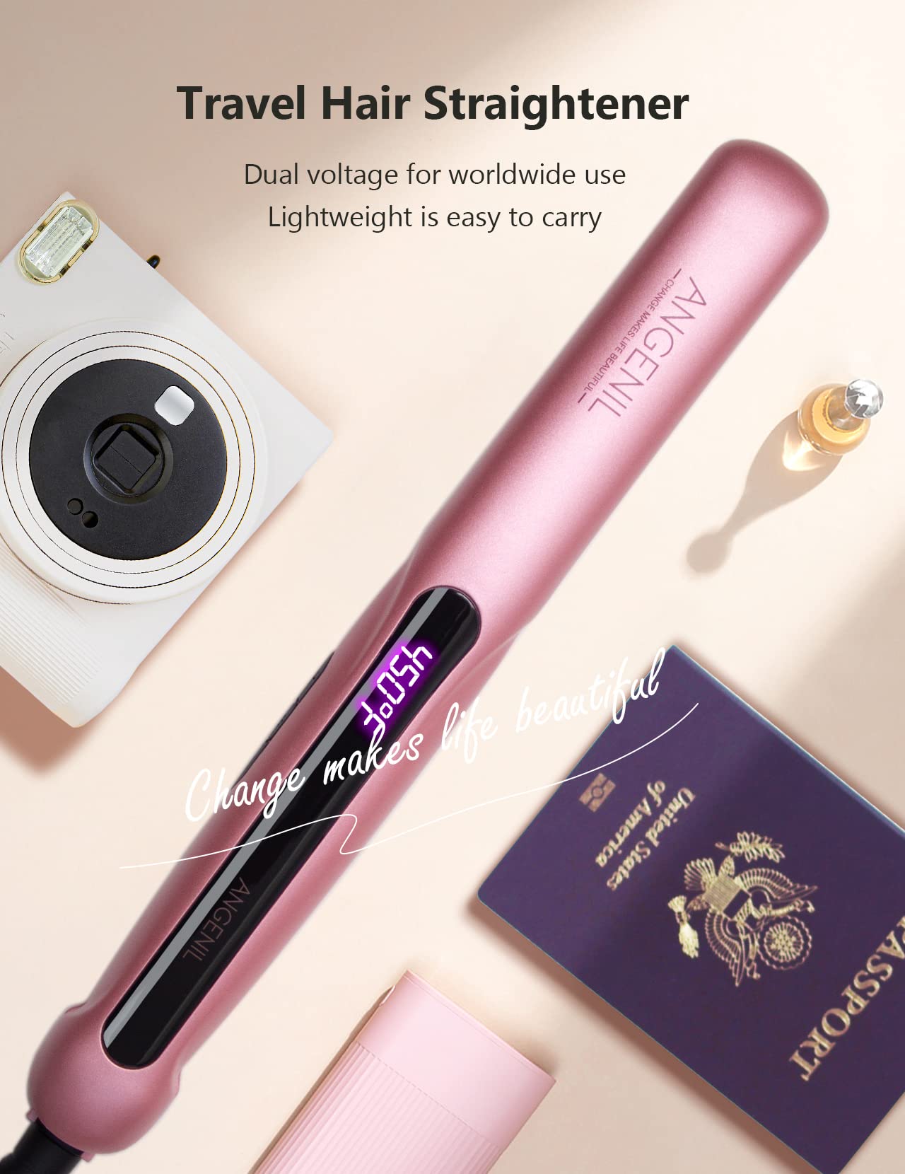 ANGENIL Argan Oil Flat Iron for Women, Hair Straightener and Curler 2 in 1, Professional Portable Ceramic Pink Hair Straightener