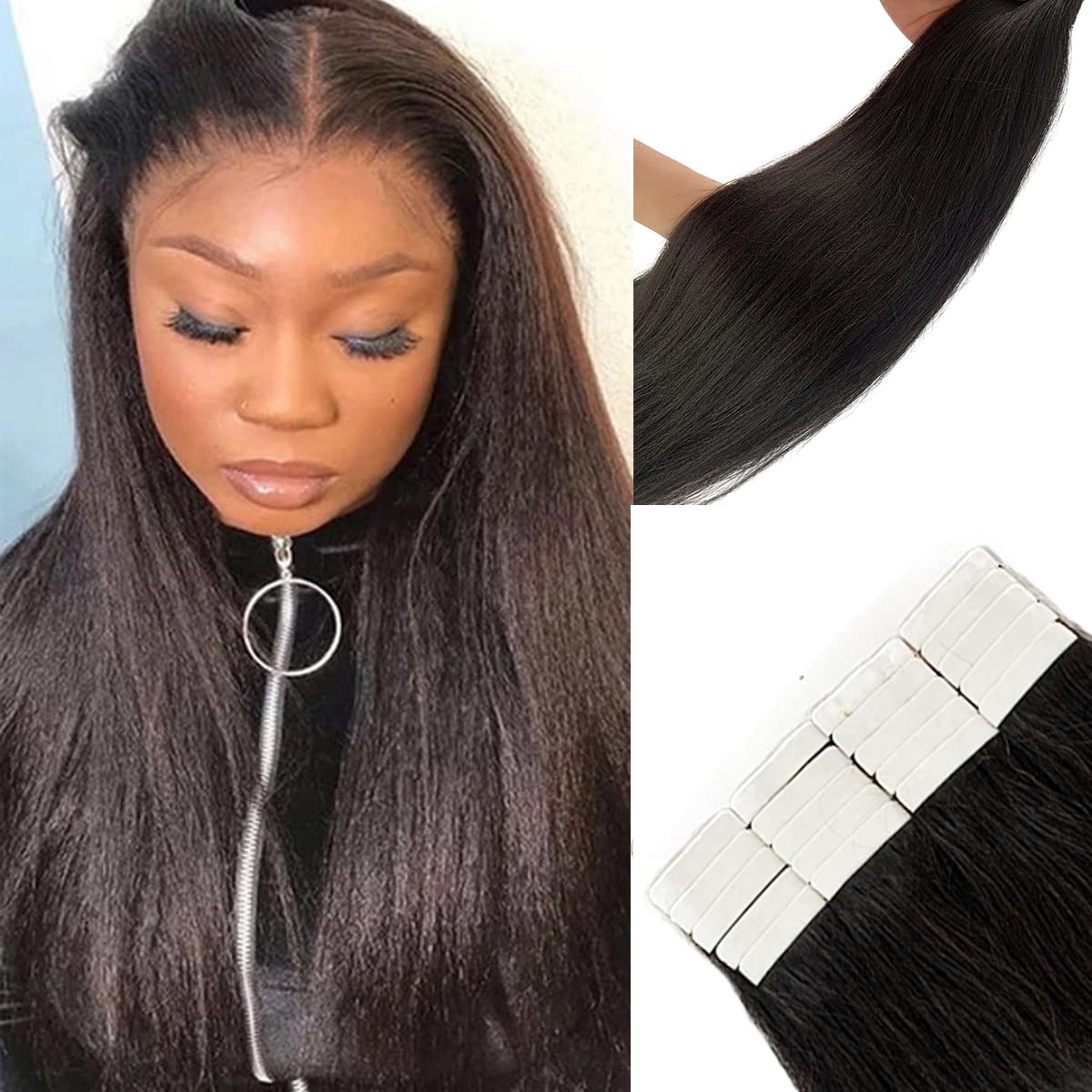 Light Yaki Straight Tape In Hair Extensions 9A Human Hair Pu Skin Weft Tape In Extensions Human Hair #1B Natural Black Color Yak
