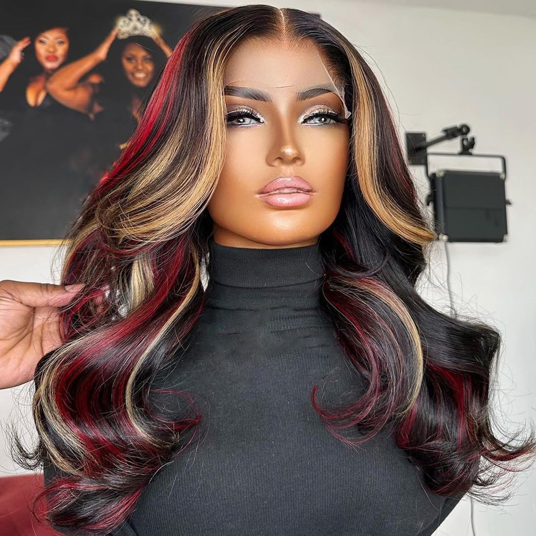 Black Red Blonde Highlights Wig Human Hair Body Wave Skunk Stripe Human Hair Wig 180% Density Blonde Red Highlights 13X4 HD Lace