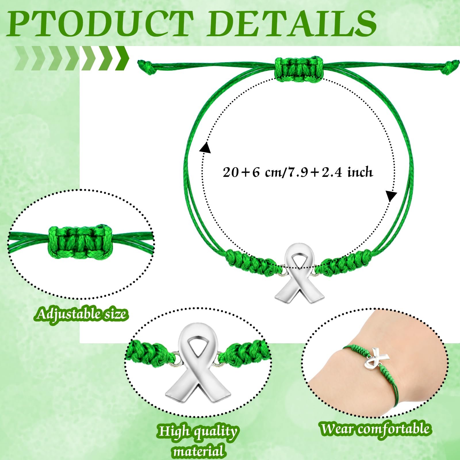 Sasylvia 20/50/100 Pcs Mental Health Awareness Month Bracelets Gifts Adjustable Green Ribbon Bracelets for Men Women (100 Pcs)