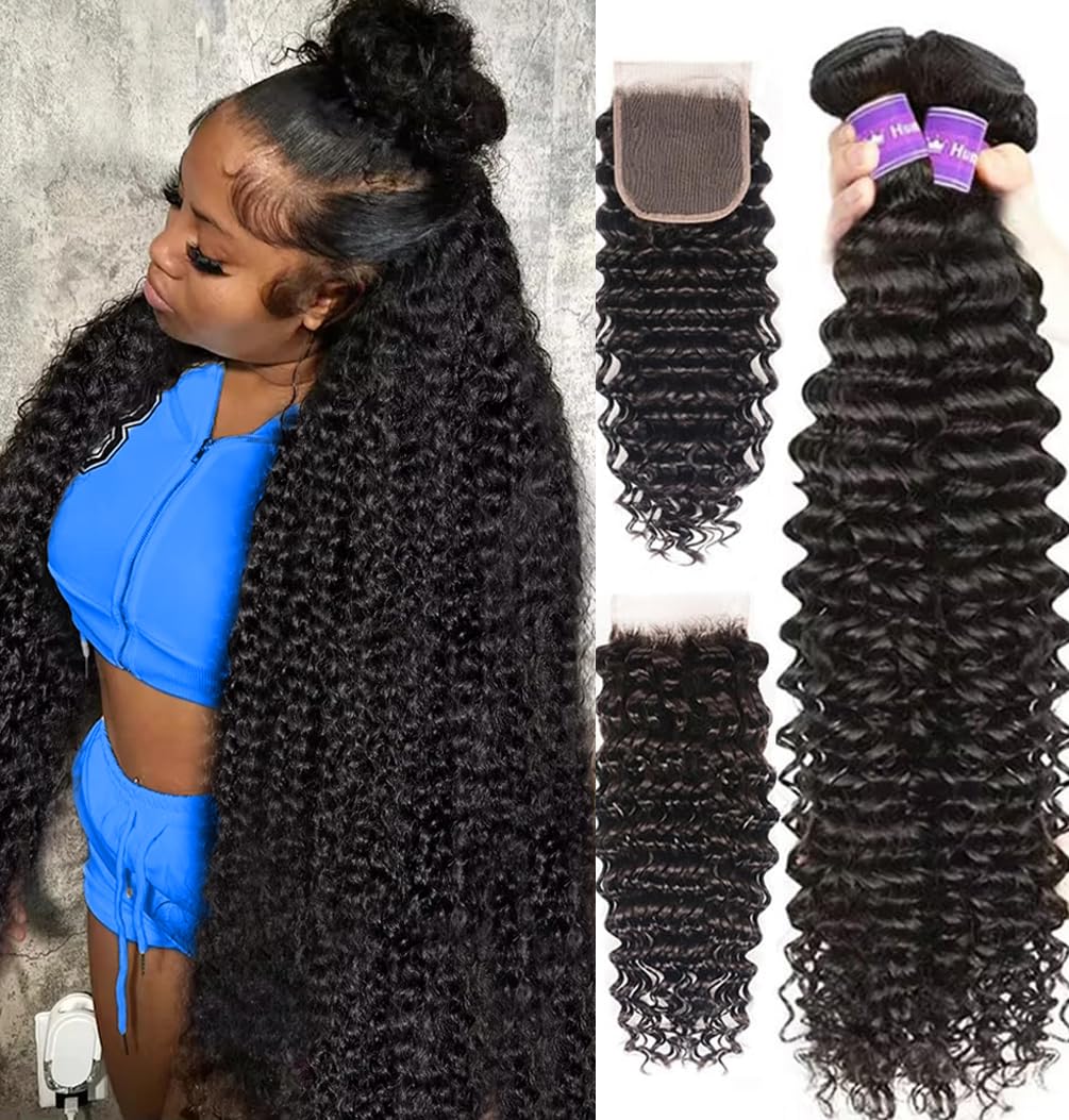 Deep Wave Human hair Bundles With Closure (16 18 20 22+14 Free Part) 12A 100% Unprocessed Brazilian Virgin Human Hair Deep Curly