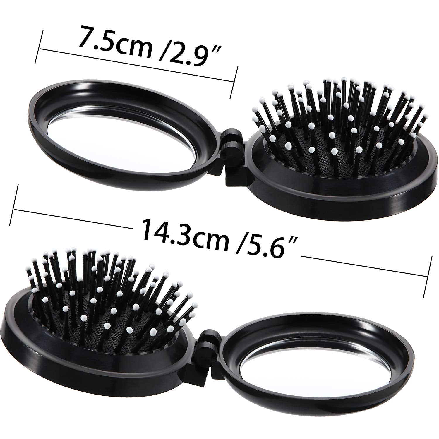 2 Pack Foldable Travel Mirror Hair Brushes Round Portable Folding Pocket Hair Brush Mini Hair Comb Compact Travel Size Hair Mass