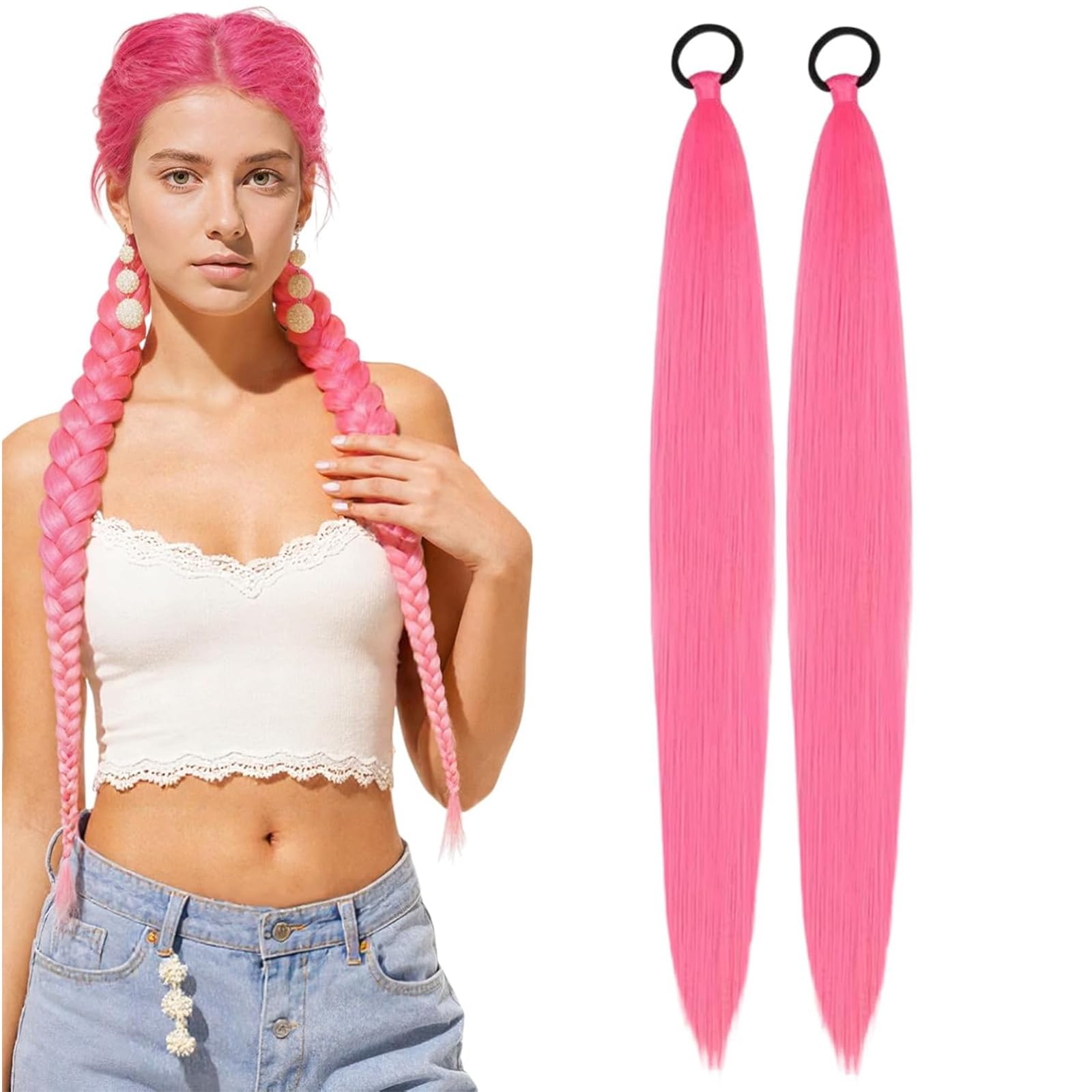2Pcs Pink Hair Extensions, Ponytail Hair Extensions With Elastic Bands, Two Pieces Of Pink Hair Extensions For Various Hairstyle