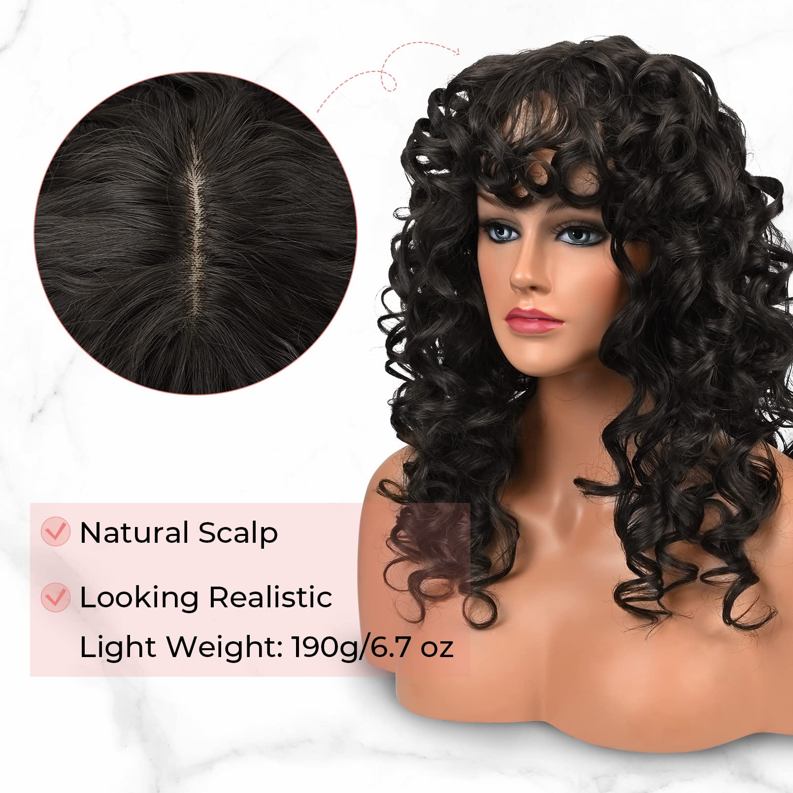 Lonai Curly Wig With Bangs For Black Women Long Black Kinky Wigs With Wispy Bangs Wig006 Curly Gorgeous Fringe Synthetic Wig For