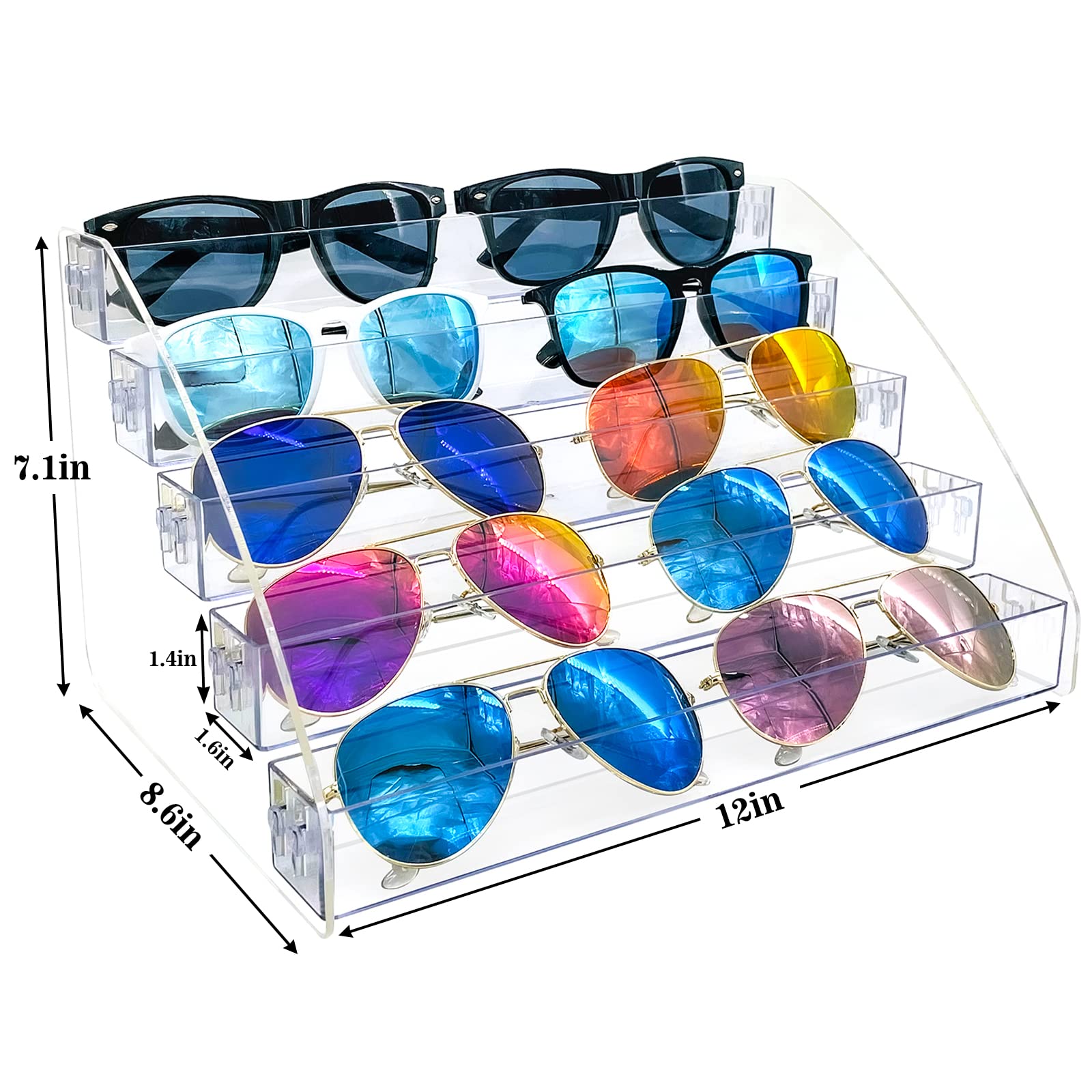 MineSign Acrylic Sunglasses Organizer - 5 Layer Clear Eyeglasses Display Case for Tabletop Storage - Model 1