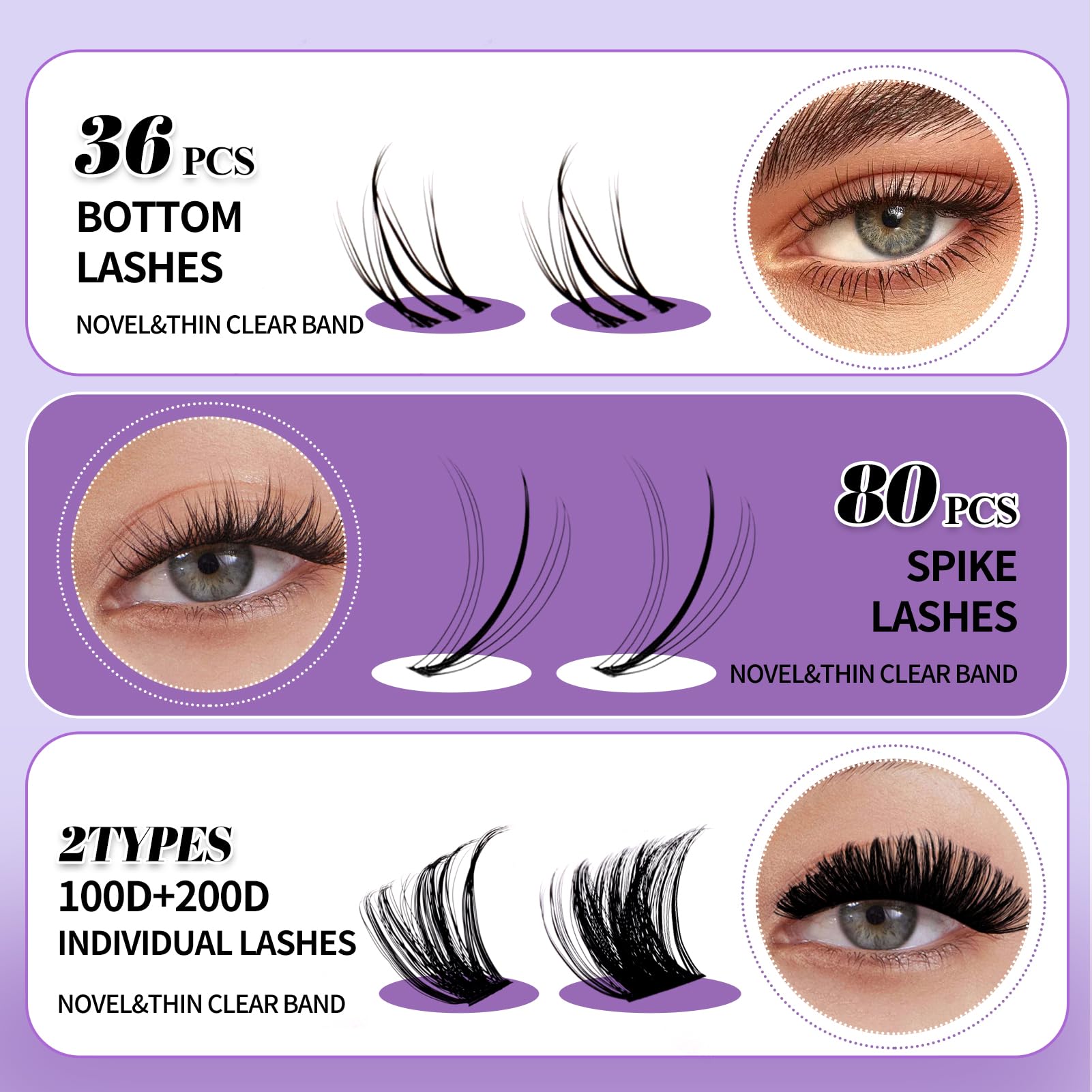 Lash Clusters With Bottom Lashes 356Pcs 100D/200D Multi-Types Fluffy Lash Clusters C/D Curl Wispy Individual Lashes Spike Volume