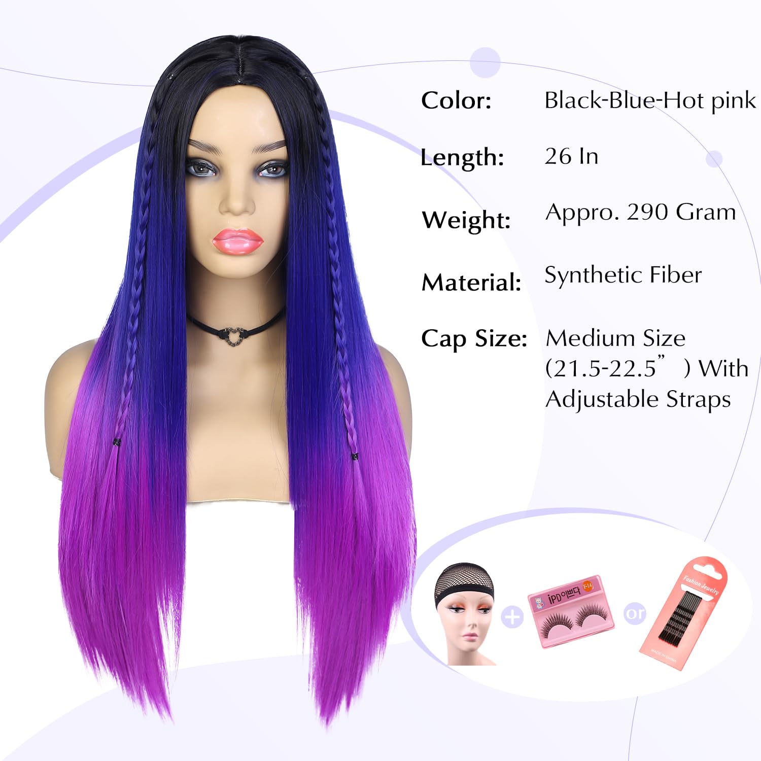Wiger Long Straight Ombre Wigs Rainbow Mermaid Purple Wigs For Women Black To Blue To Hot Pink No Lace Three-Tone Colored Cospla