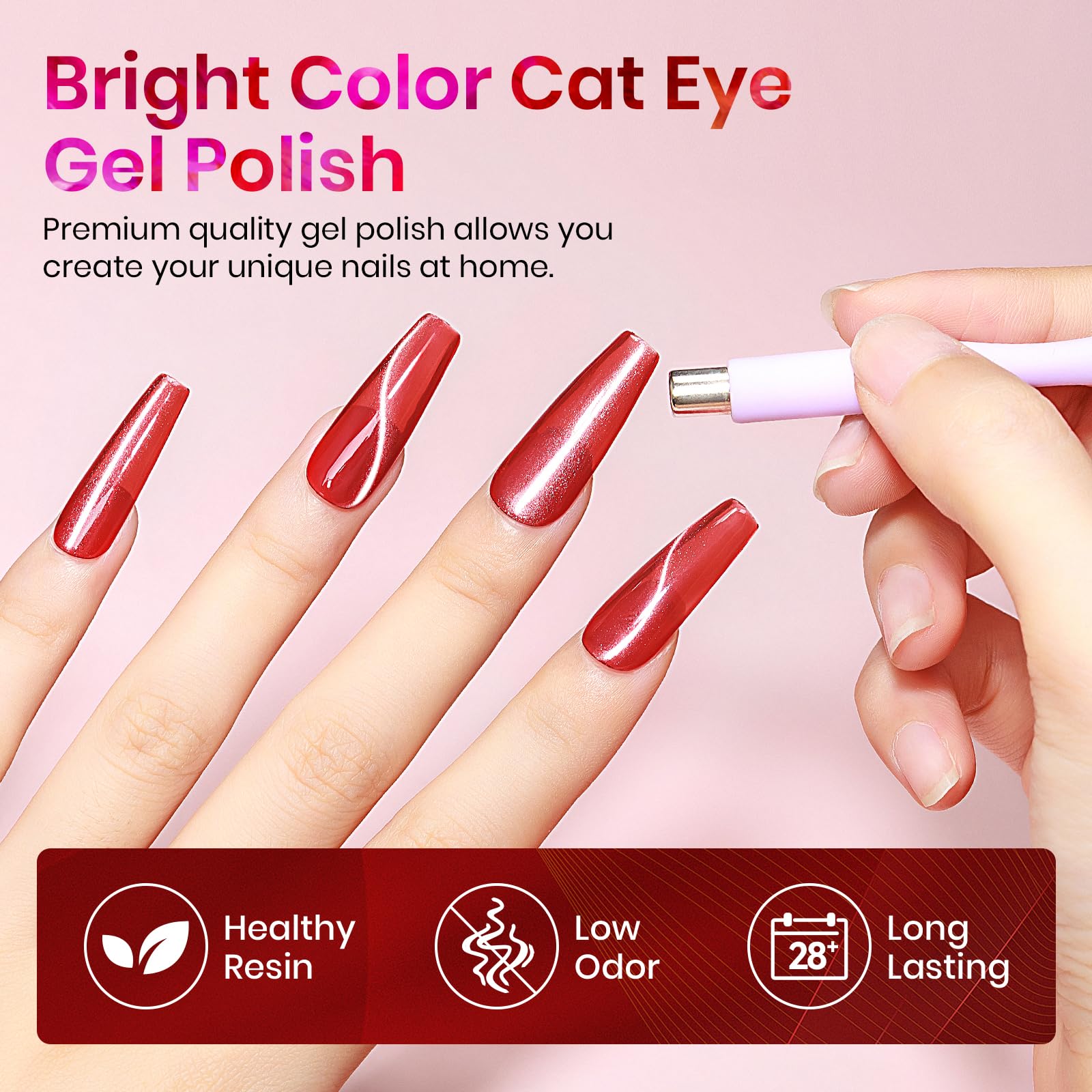 Mizhse Moonlight Cat Eye Gel Nail Polish, 12Ml Rose Red Smoothie Cateye Gel Nail Polish Silky Glitter Magnetic Soak Off U V Led