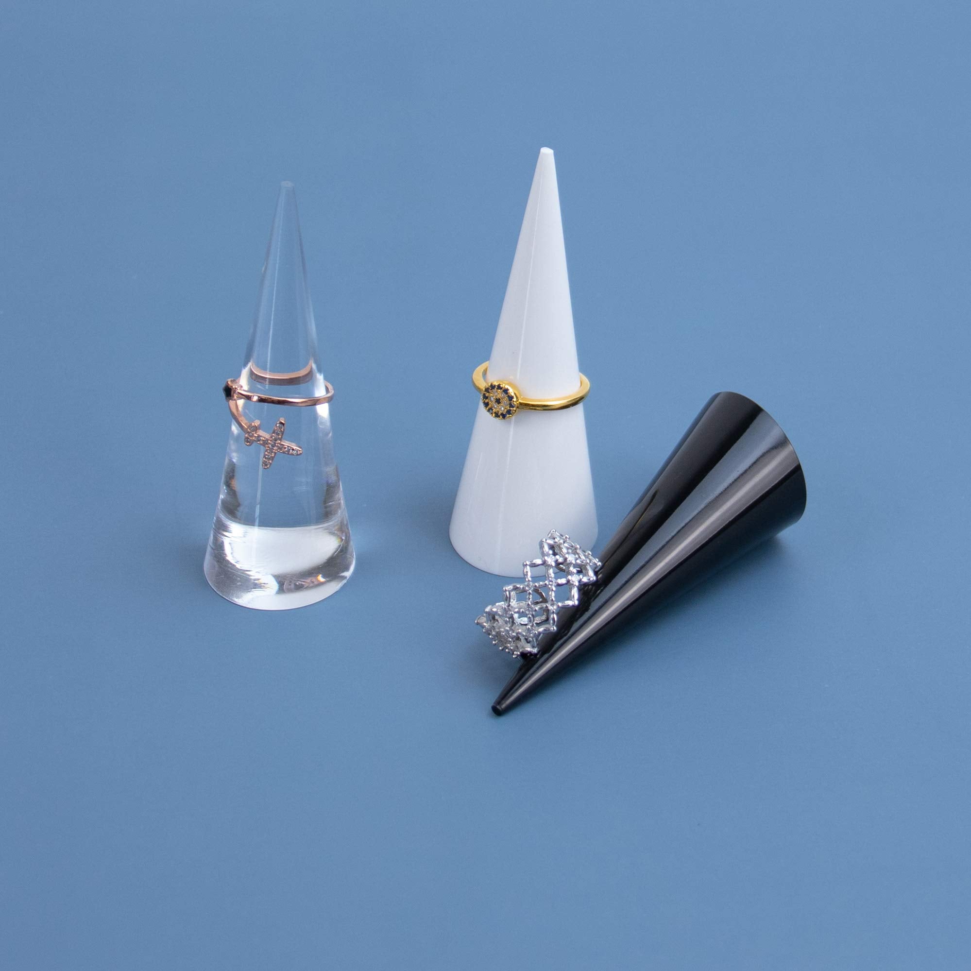 AUEAR, 6 Pack Cone Shape Acrylic for Jewelry Showcase Display Stand (Clear & Black & White)