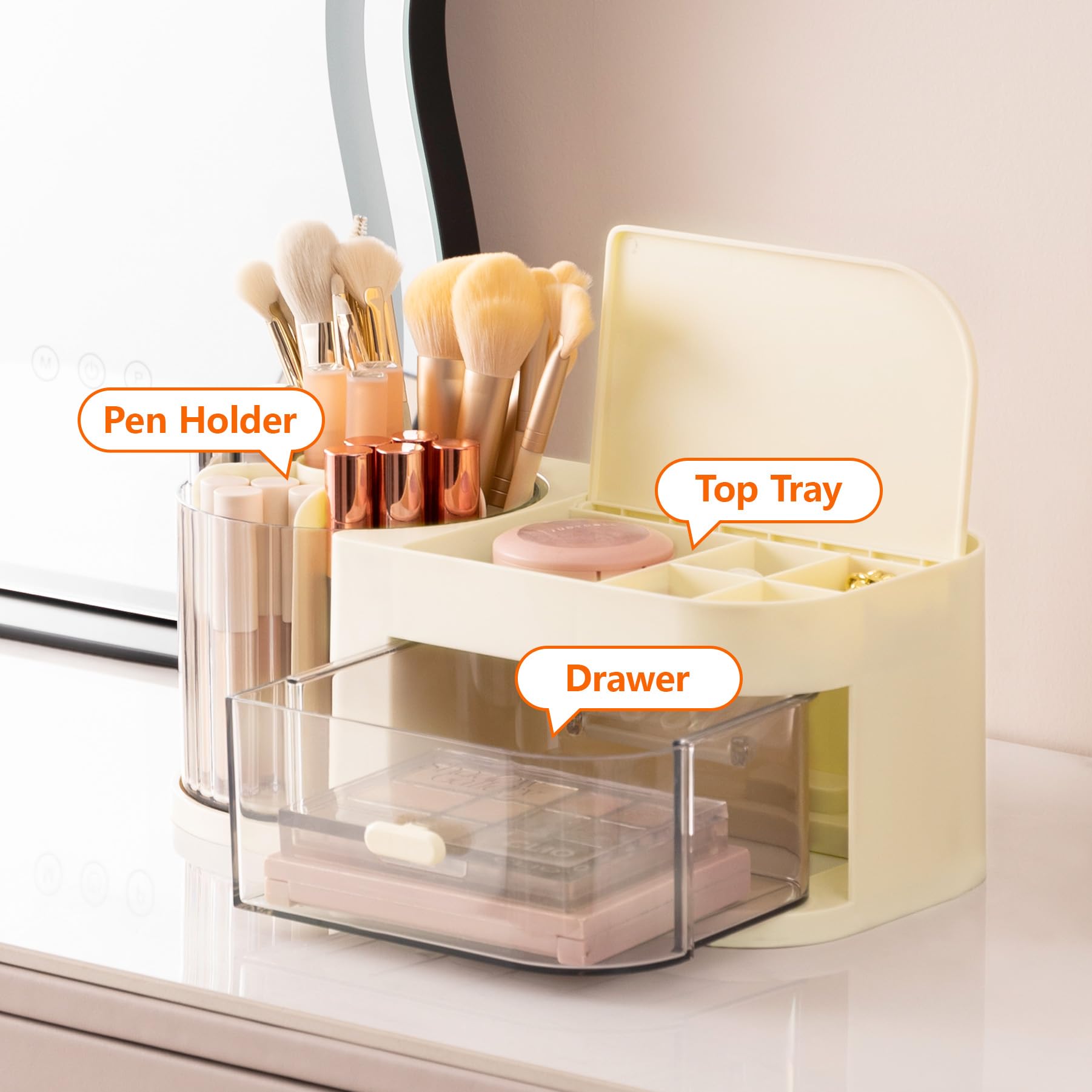 Moikiwi Makeup Organizer, 360-Degree Rotating Desk Organizers With Lid, Cosmetic Display Case With Drawer, Art Supply Storage Bo