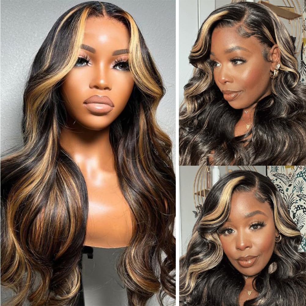 Bestfun 220% Density 1B/27 Balayage Highlight Lace Front Wig Human Hair Pre Plucked 13X4 Hd Lace Ombre Body Wave Wig Glusless Wi