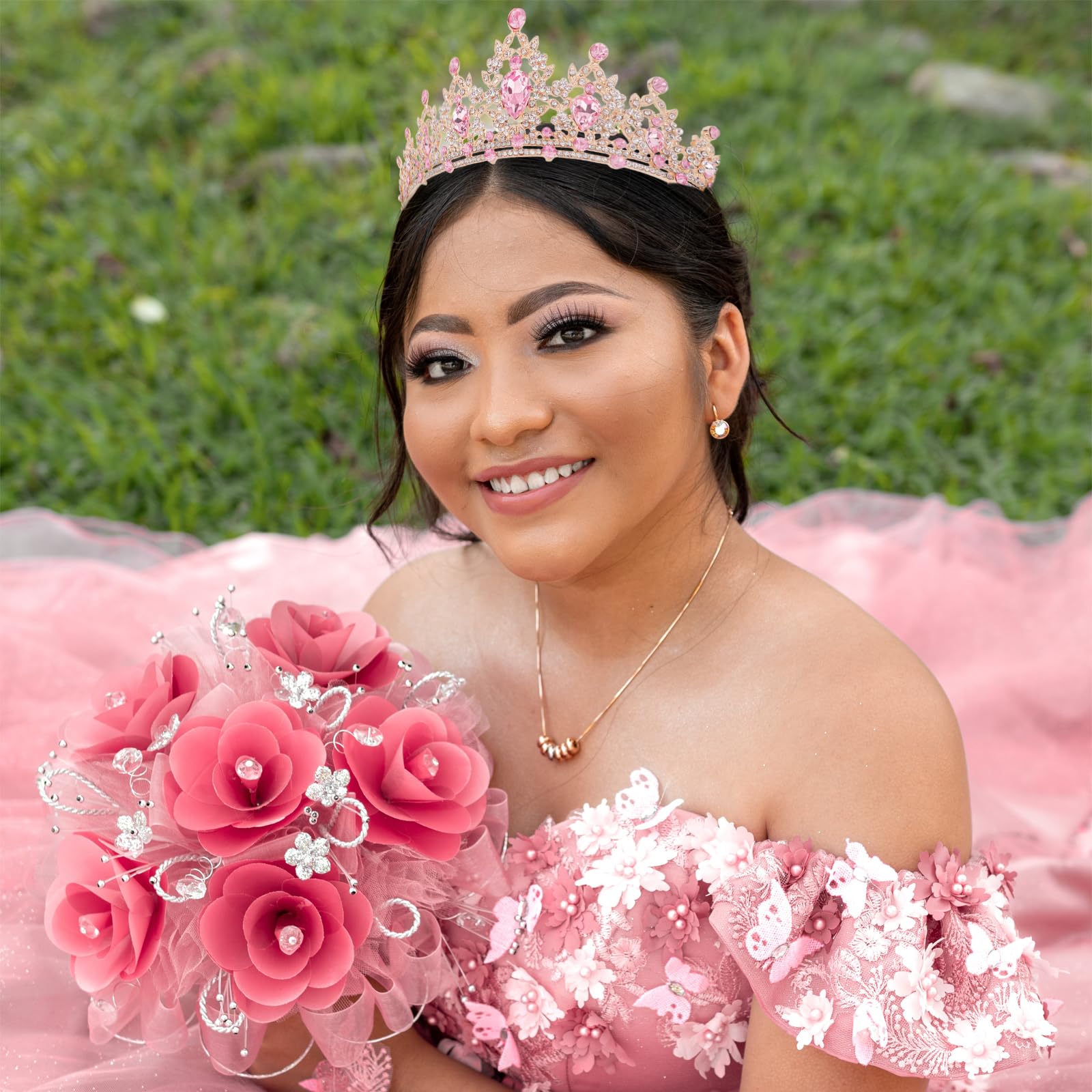 CIEHER Pink Crown Crystal Tiaras for Women Princess Crown Pink Tiara for Birthday Wedding Halloween