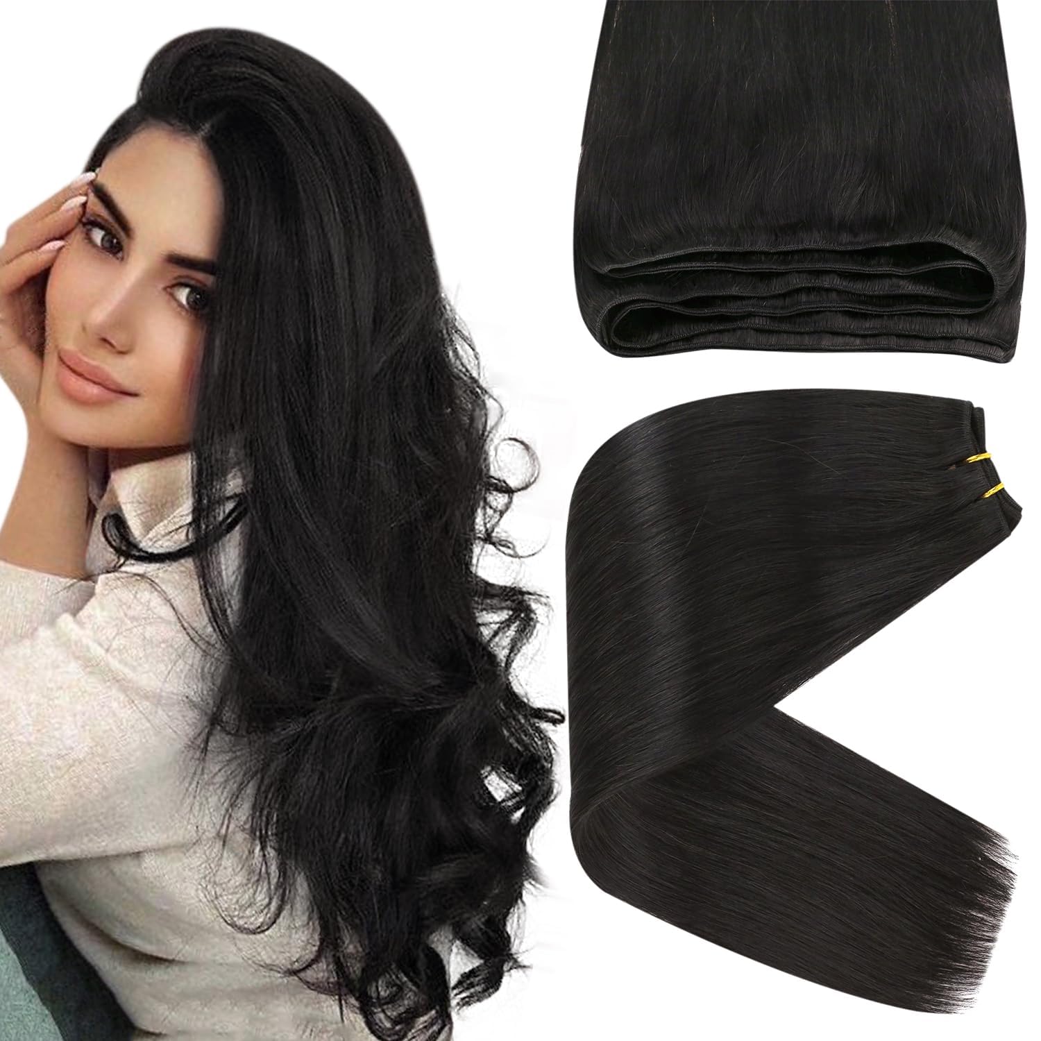 Sunny 24inch Hair Extensions Real Human Hair Weft Black Long Human Hair Extensions Sew in Natural Black Human Hair Bundle Sew in