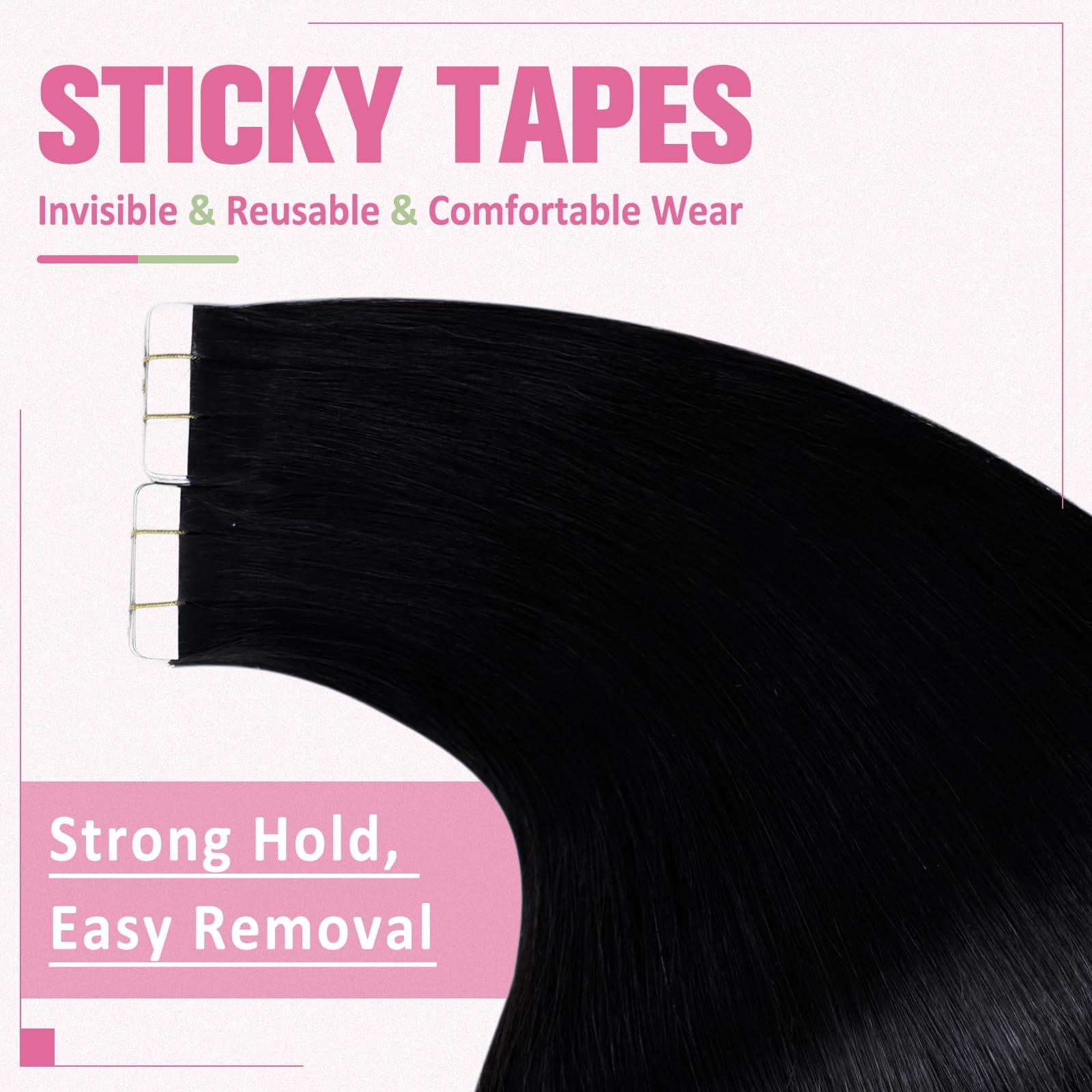 YoungSee Tape in Hair Extensions Real Human Hair Black Tape Extensions Human Hair Jet Black 24 Inch 20pcs Invisible Tape Hair Ex