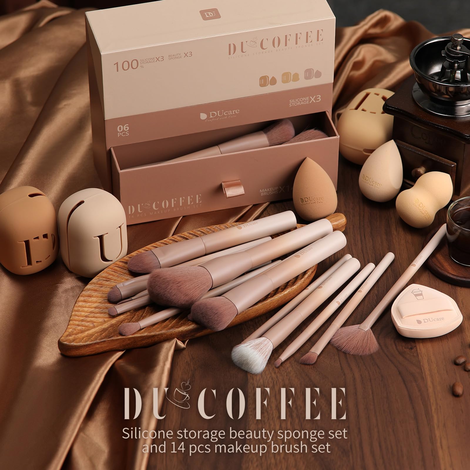 DUcare Makeup Brushes 14Pcs Coffee Series Makeup Brush set with Makeup Sponges Valentines Day Gifts Foundation Blending Face Pow