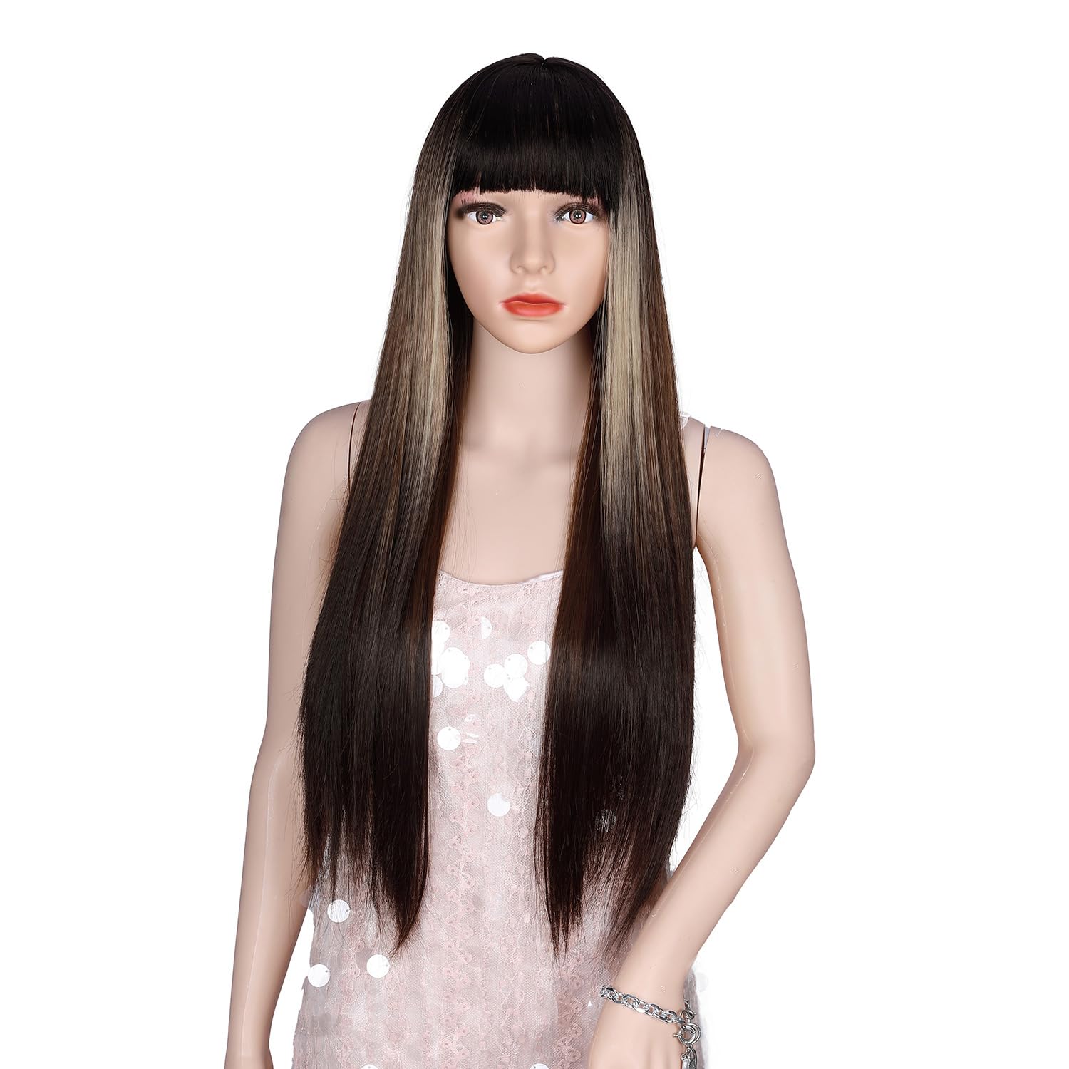 Wiger Straight Dark Brown Wigs With Bangs For Women Highlighted Ombre Long Straight Hair Wig Black-Blonde-Brown Long Wigs With H