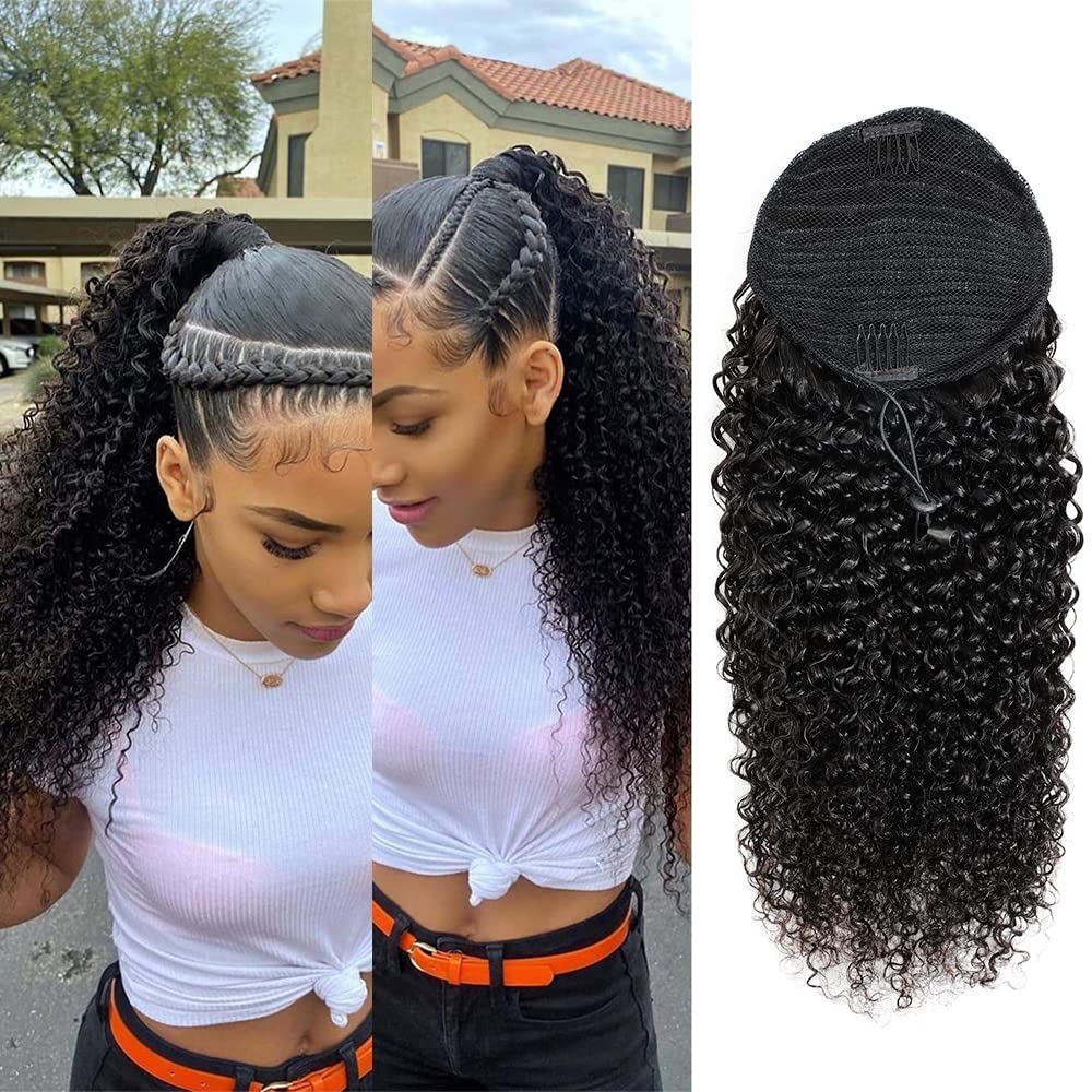 Adette 18 Inch Curly Ponytails Human Hair Drawstring Ponytail Extension Kinky Curly Clip in Pony Tail Hair Extensions Hair Piece