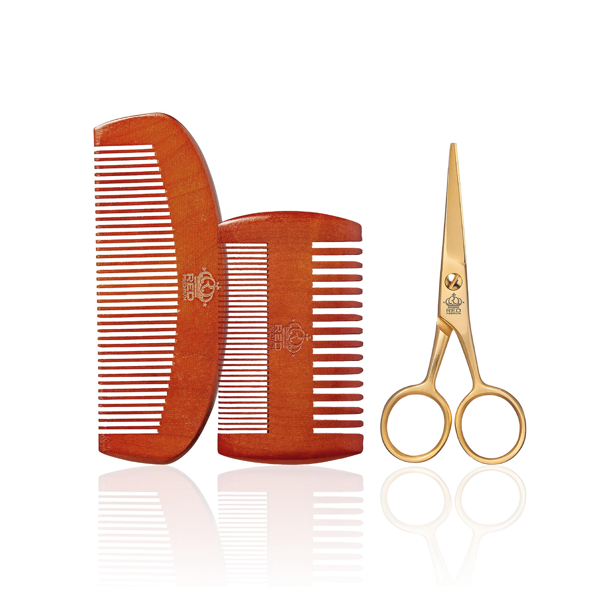 RED Premium Beard Grooming Kit, 2 Premium Wood Combs & Professional Shear Set for Men, Complete Facial Hair Styling, Maintenance
