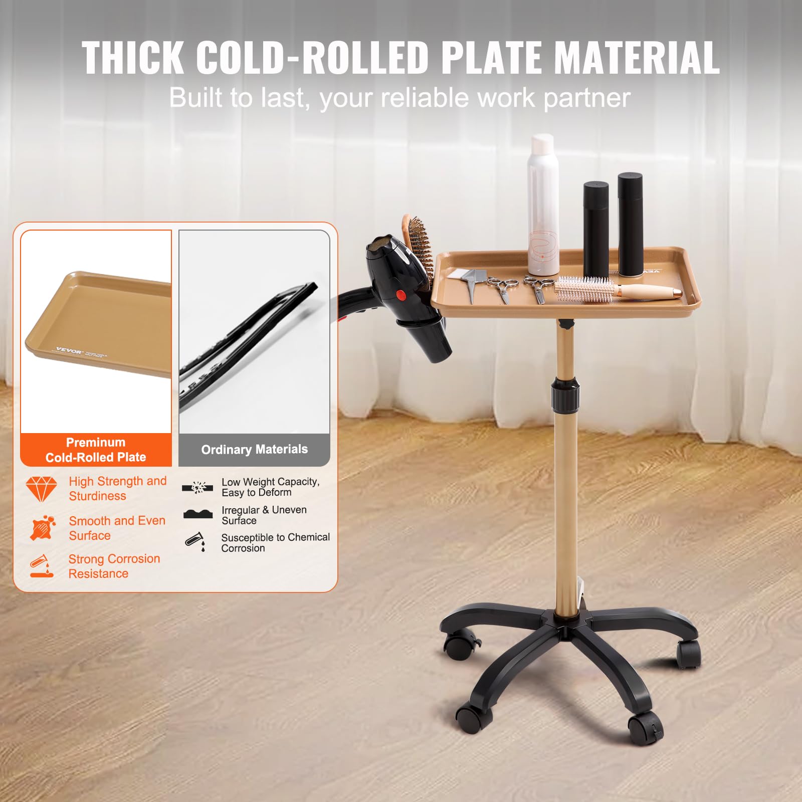 VEVOR Height Adjustable Rolling Salon Tray Cart, 30"-43", Gold & Black, Cold-Rolled Plate, 5 Wheels (2 Lockable), Model T-011J