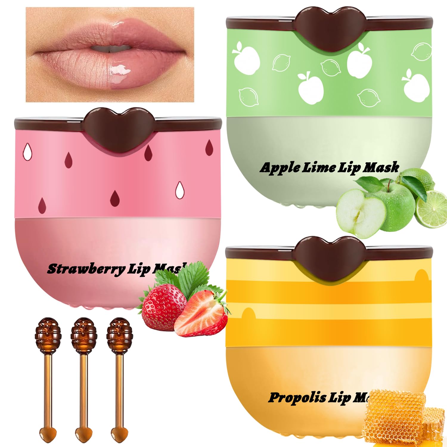 3Pcs Lip Balm Honey Pot with Stick, Honey Strawberry Apple Moisturizing and Hydrating Sleeping Lip Mask, Day and Night Repair an
