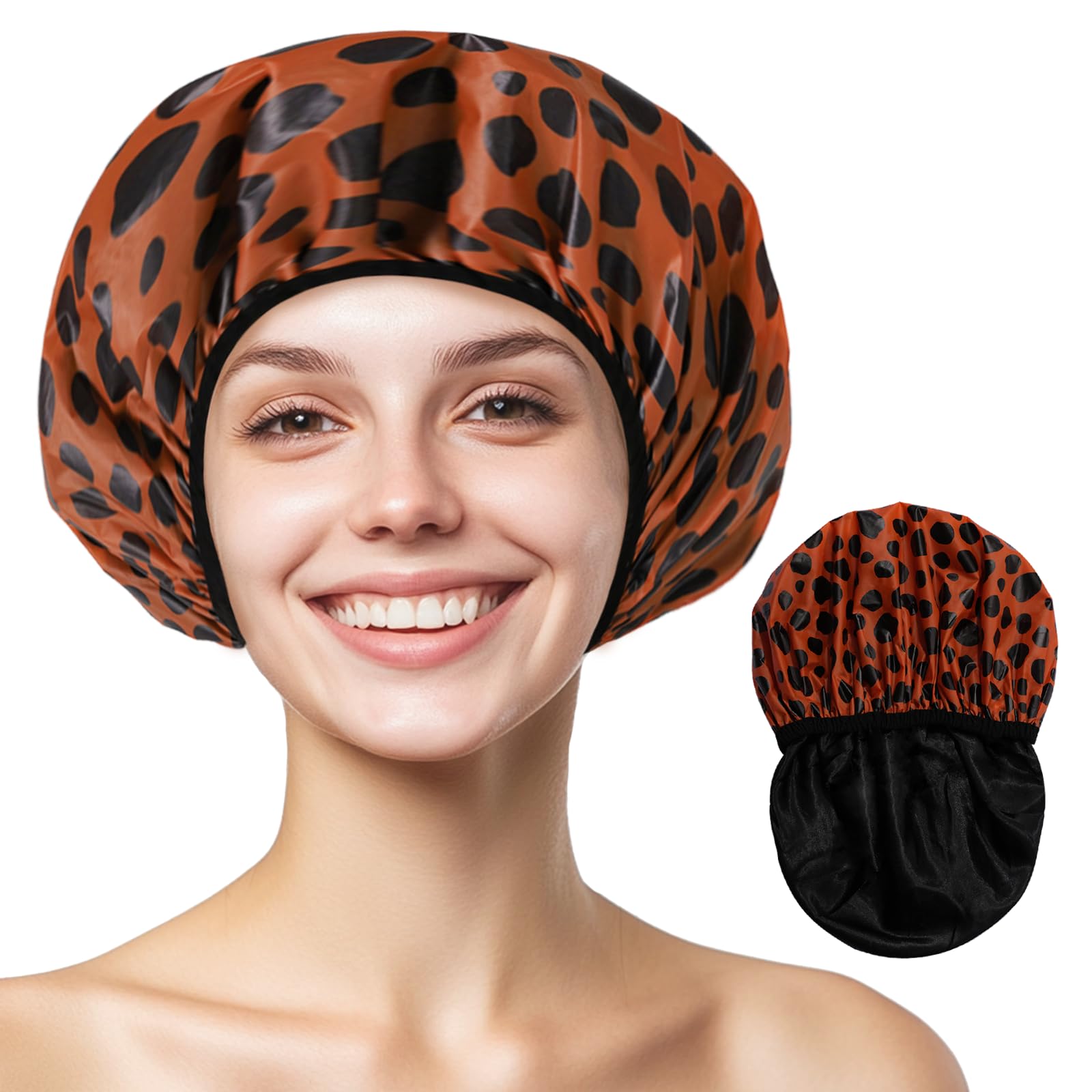 Yizijizi Shower Cap,Reusable Waterproof Shower Caps - Large Size For Women, Perfect For Long Hair (Black Wave Dot)